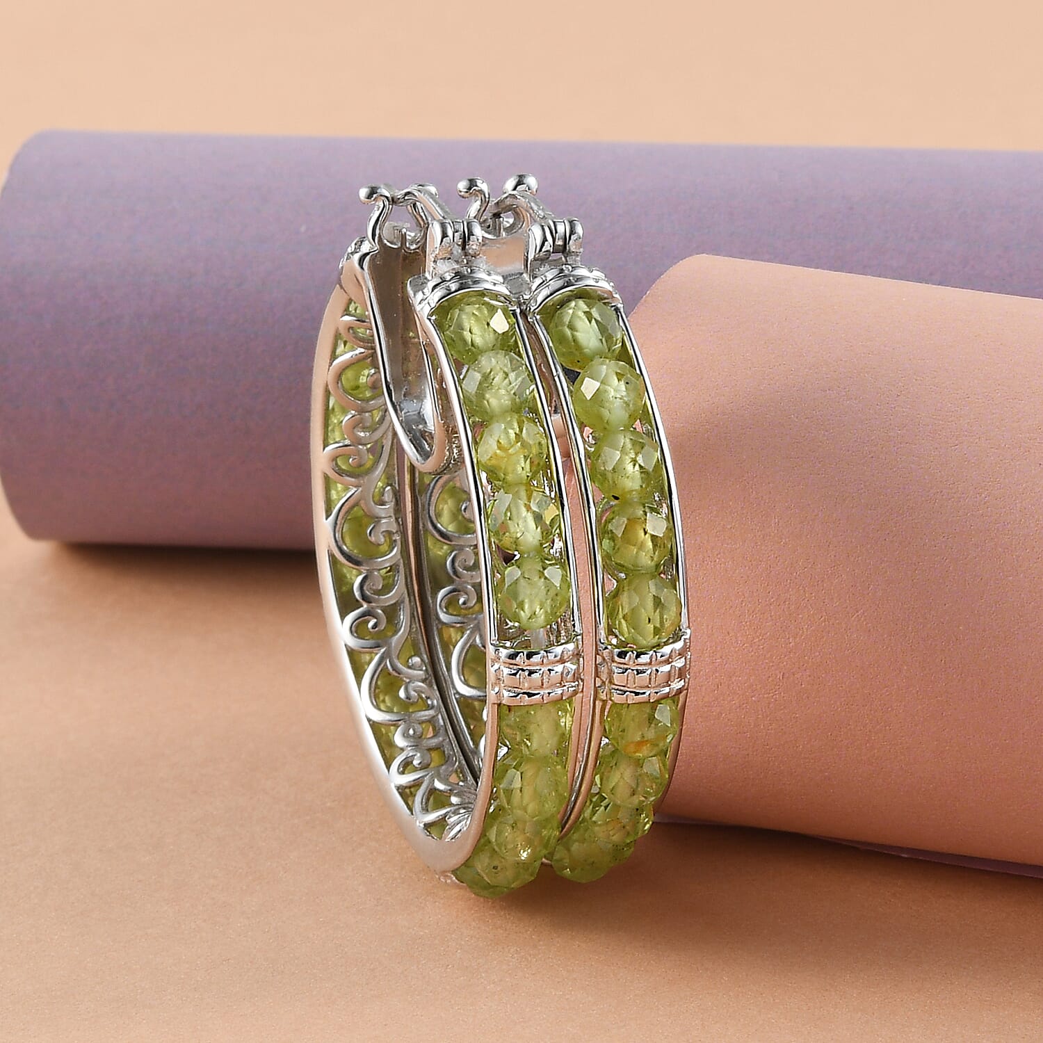 Hebei Peridot Hoop Earrings in Silver Tone 24 Ct