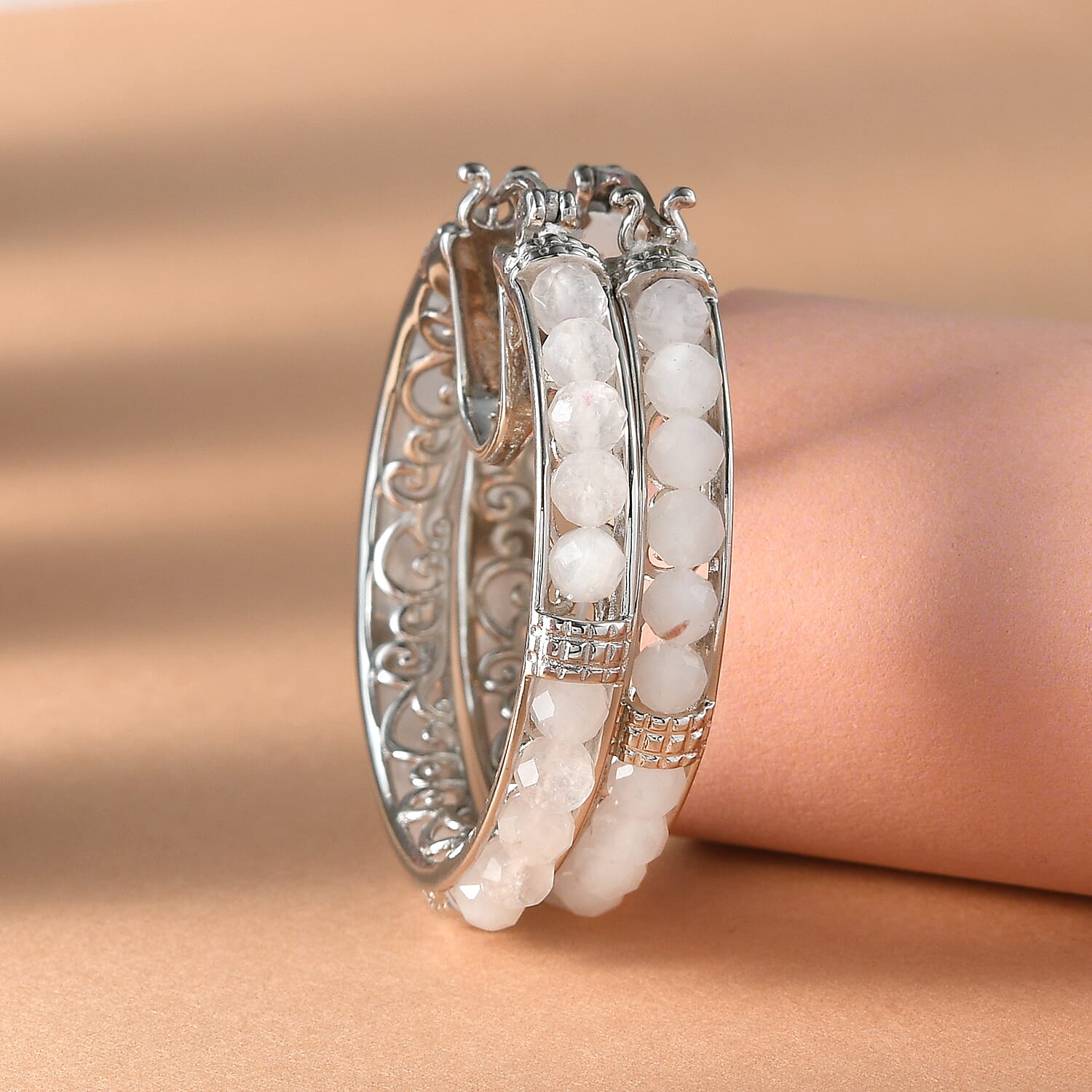 Rainbow Moonstone Hoop Earrings in Silver Tone 24 Ct