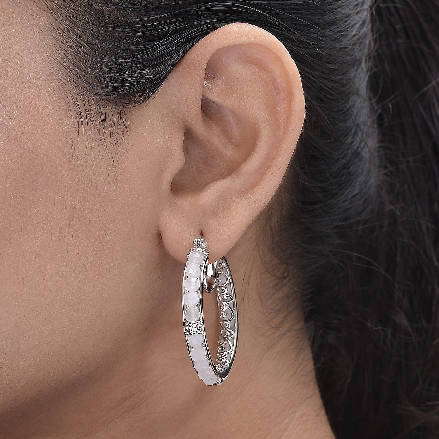 Rainbow Moonstone Hoop Earrings in Silver Tone 24 Ct