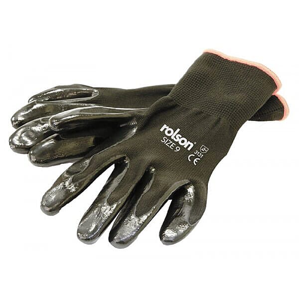 ROLSON Set of 4 - Black Nitrile Coated Gloves - Washable (Size XL)
