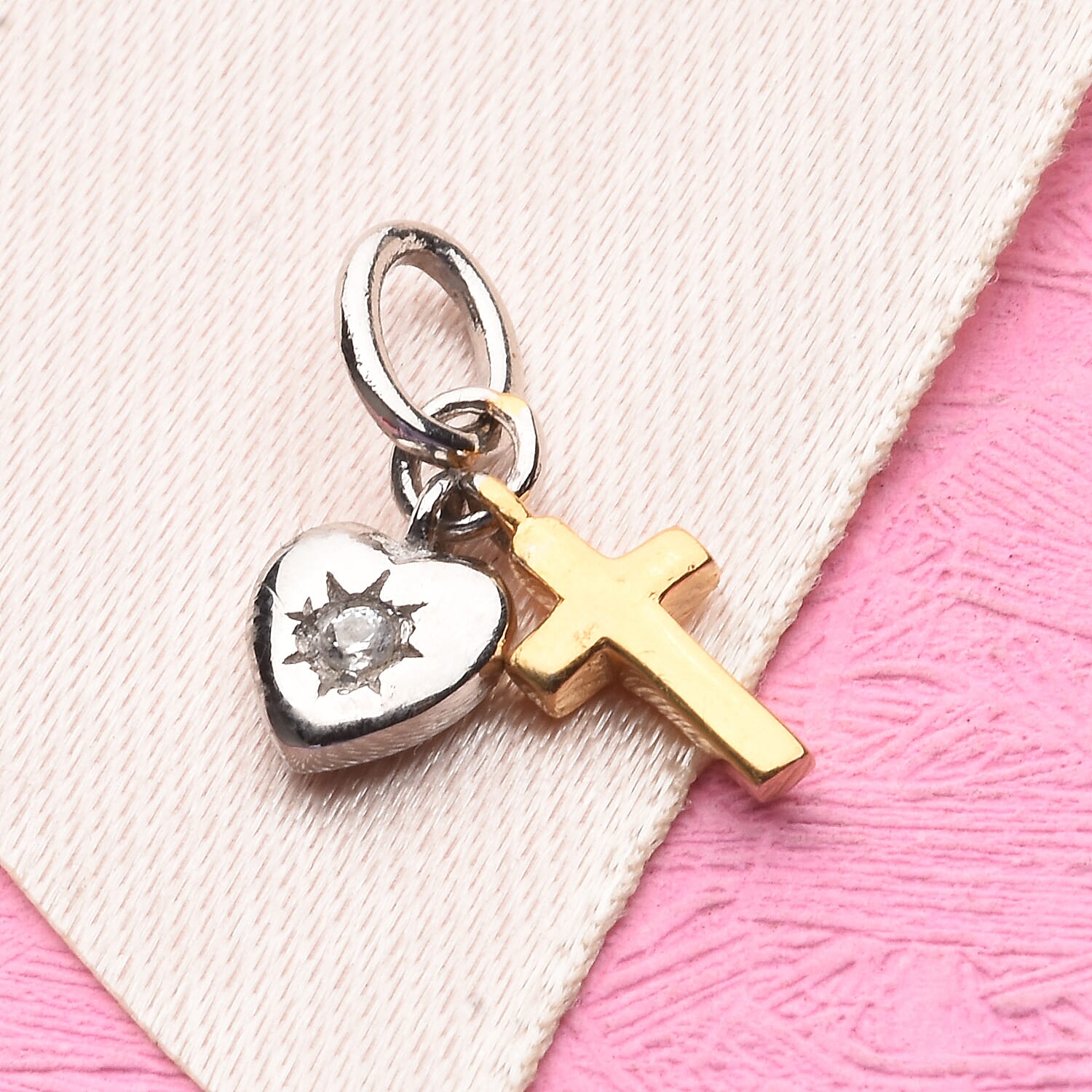 Natural Cambodian Zircon Heart Cross Pendant in Platinum and Yellow Gold Overlay Sterling Silver