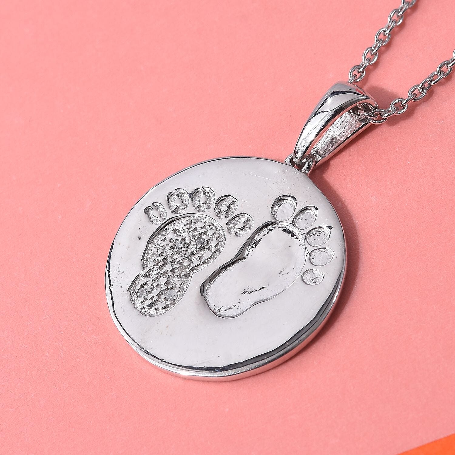 Diamond (Rnd) Baby Footprint Pendant with Chain (Size 18) in Platinum Overlay Sterling Silver, Silver wt 5.00 Gms
