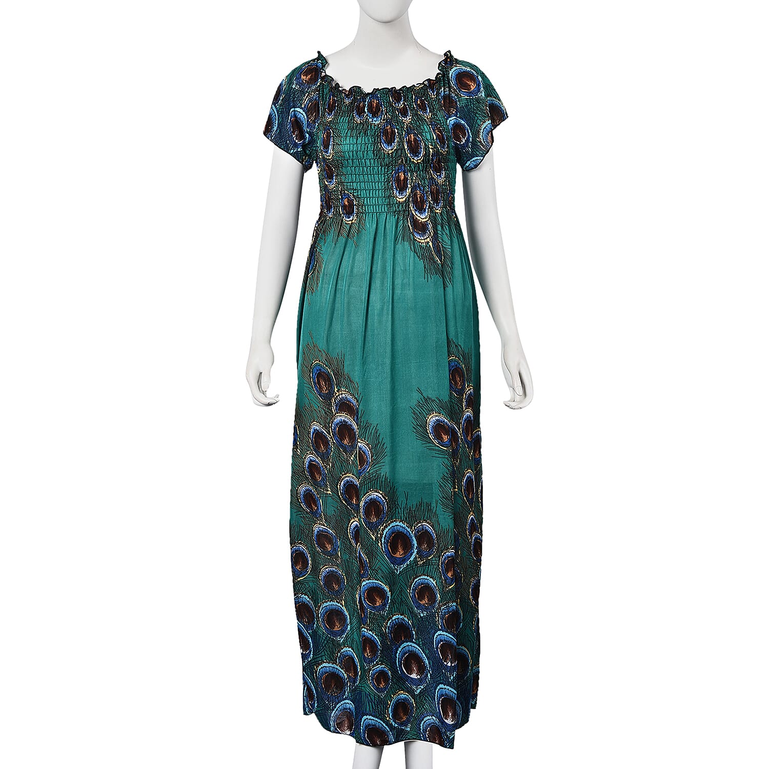 Teal Green and Brown Colour Peacock Feathers Pattern Summer Dress (Size 48x125 Cm)
