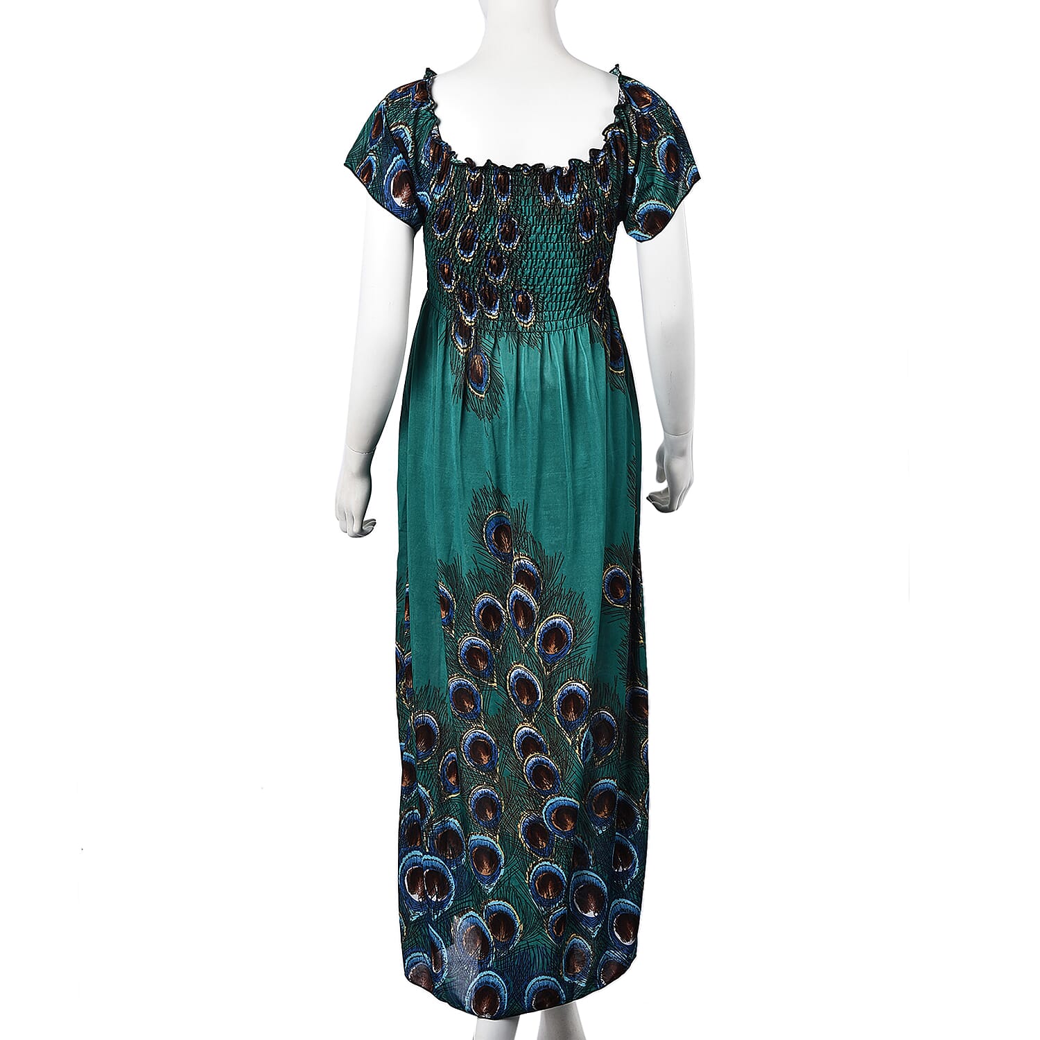 Teal Green and Brown Colour Peacock Feathers Pattern Summer Dress (Size 48x125 Cm)