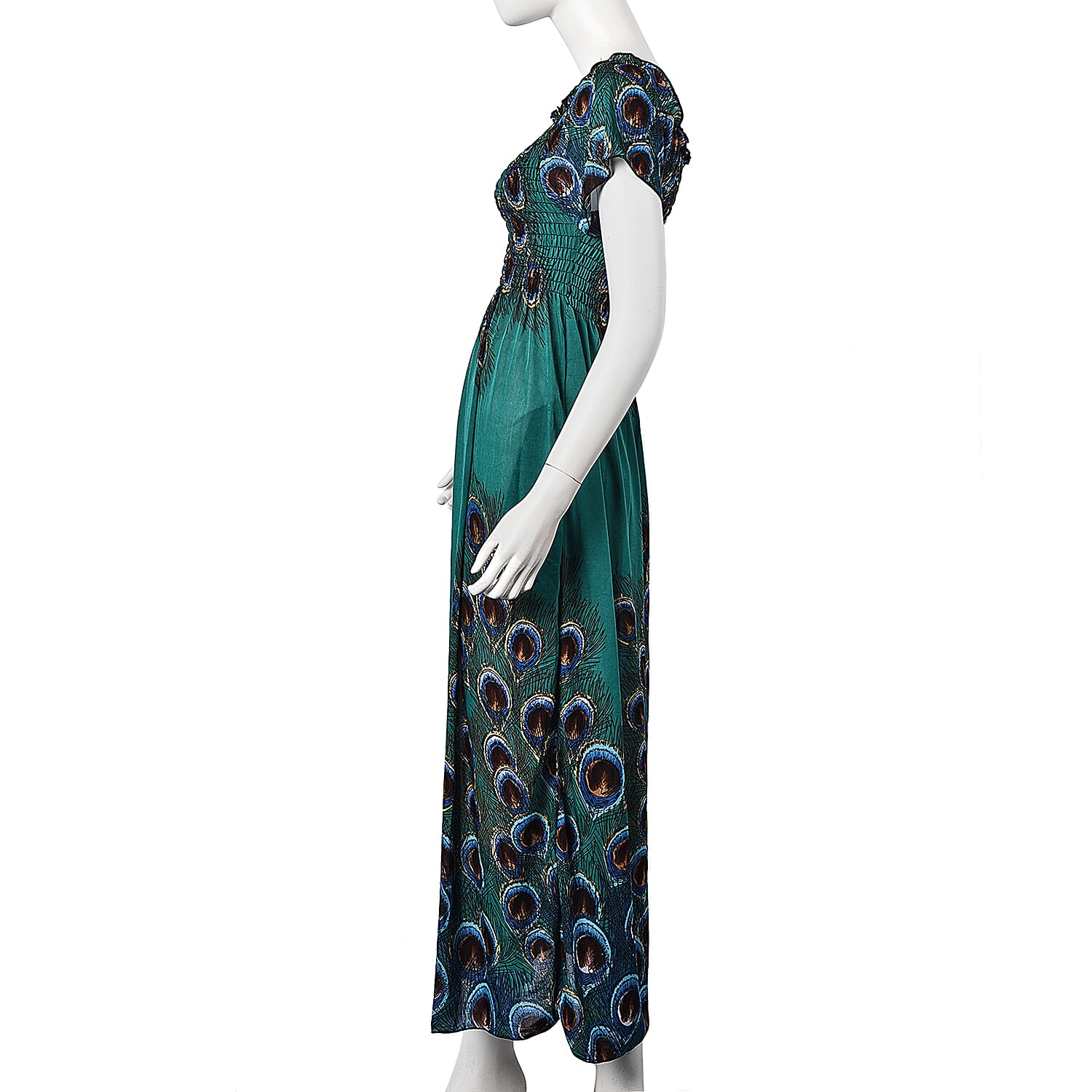 Teal Green and Brown Colour Peacock Feathers Pattern Summer Dress (Size 48x125 Cm)