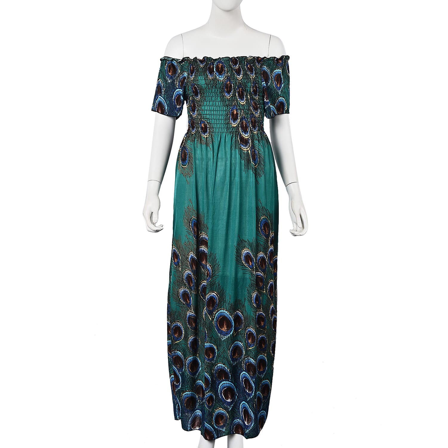 Teal Green and Brown Colour Peacock Feathers Pattern Summer Dress (Size 48x125 Cm)