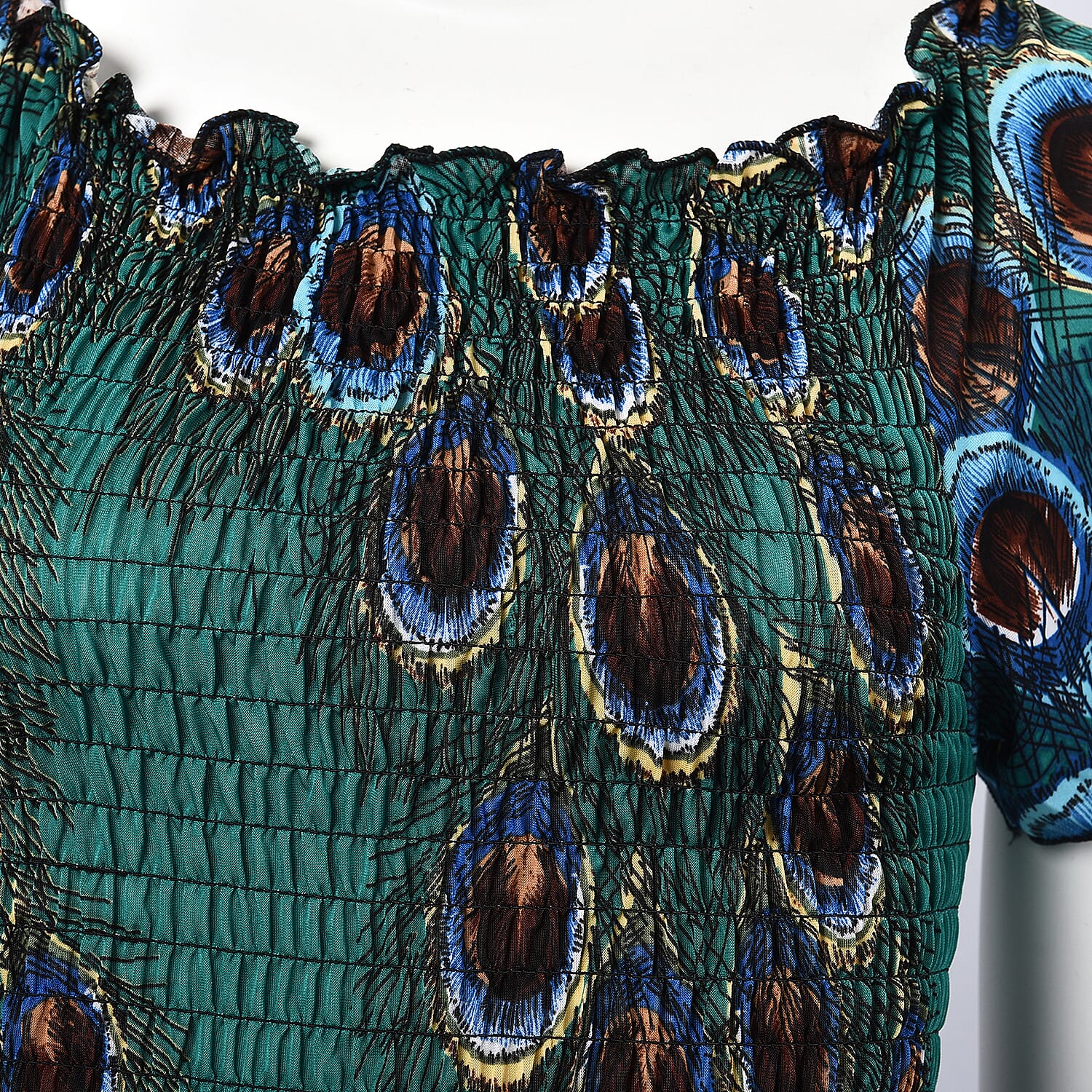 Teal Green and Brown Colour Peacock Feathers Pattern Summer Dress (Size 48x125 Cm)