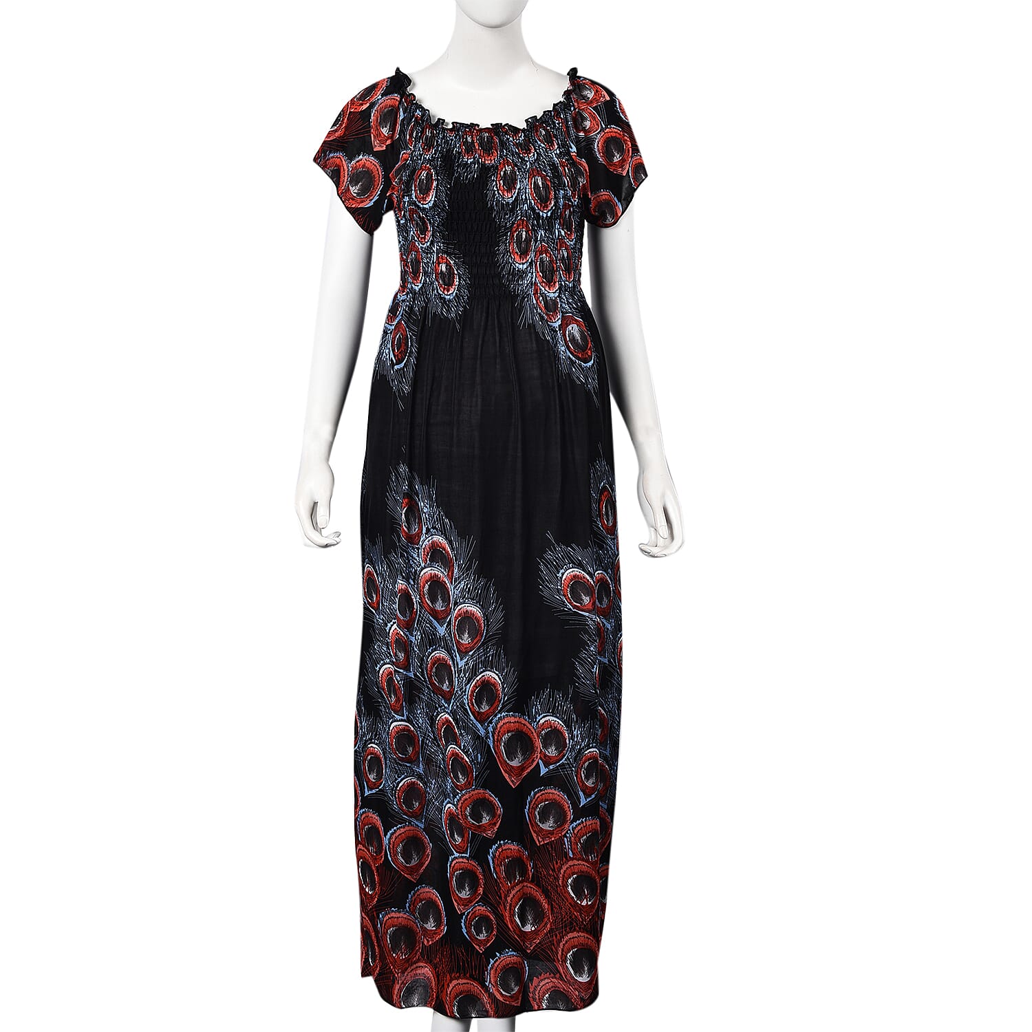 Black, Brown and Red Colour Peacock Feathers Pattern Summer Dress (Size 48x125 Cm)