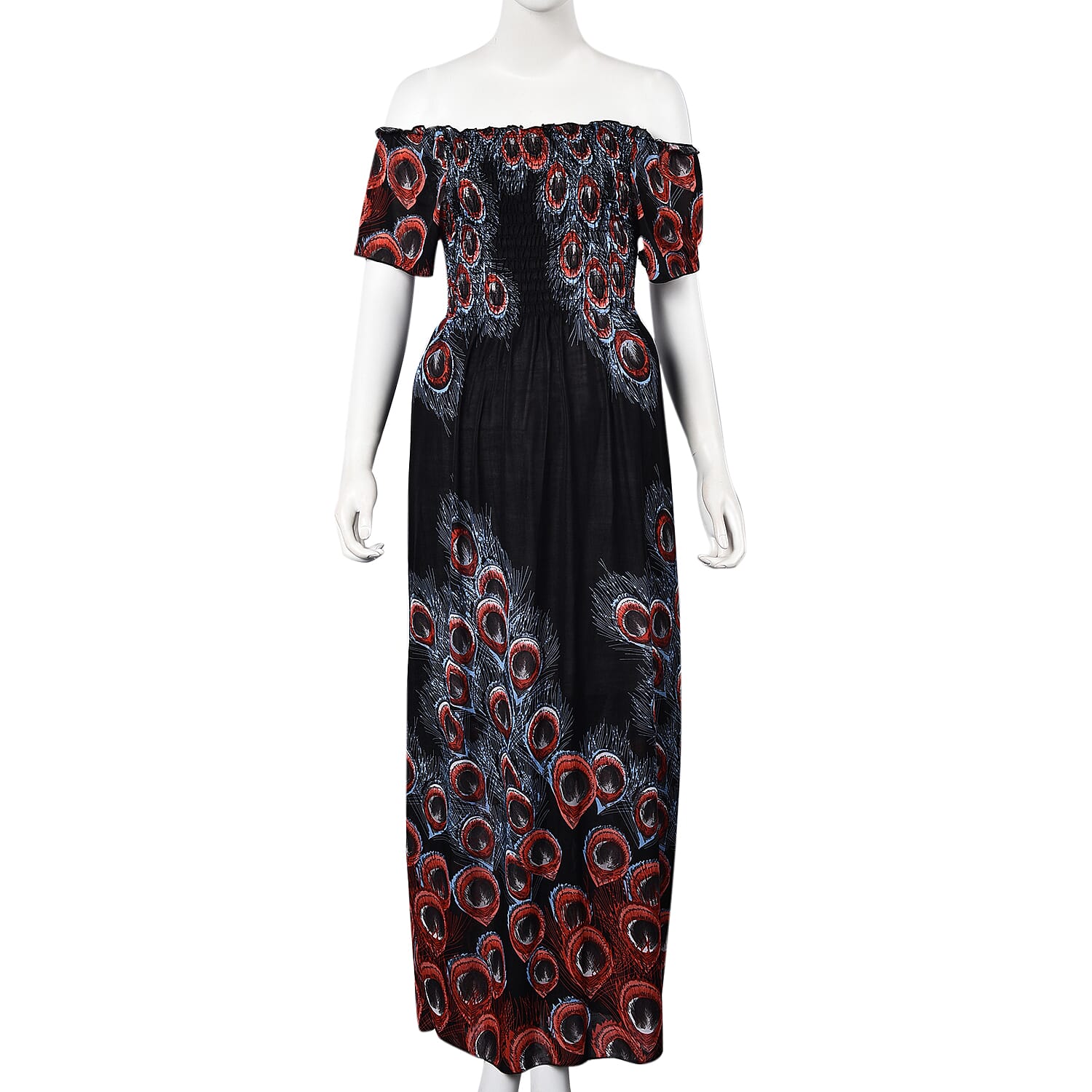 Black, Brown and Red Colour Peacock Feathers Pattern Summer Dress (Size 48x125 Cm)