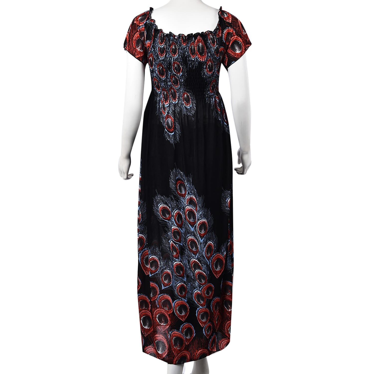 Black, Brown and Red Colour Peacock Feathers Pattern Summer Dress (Size 48x125 Cm)