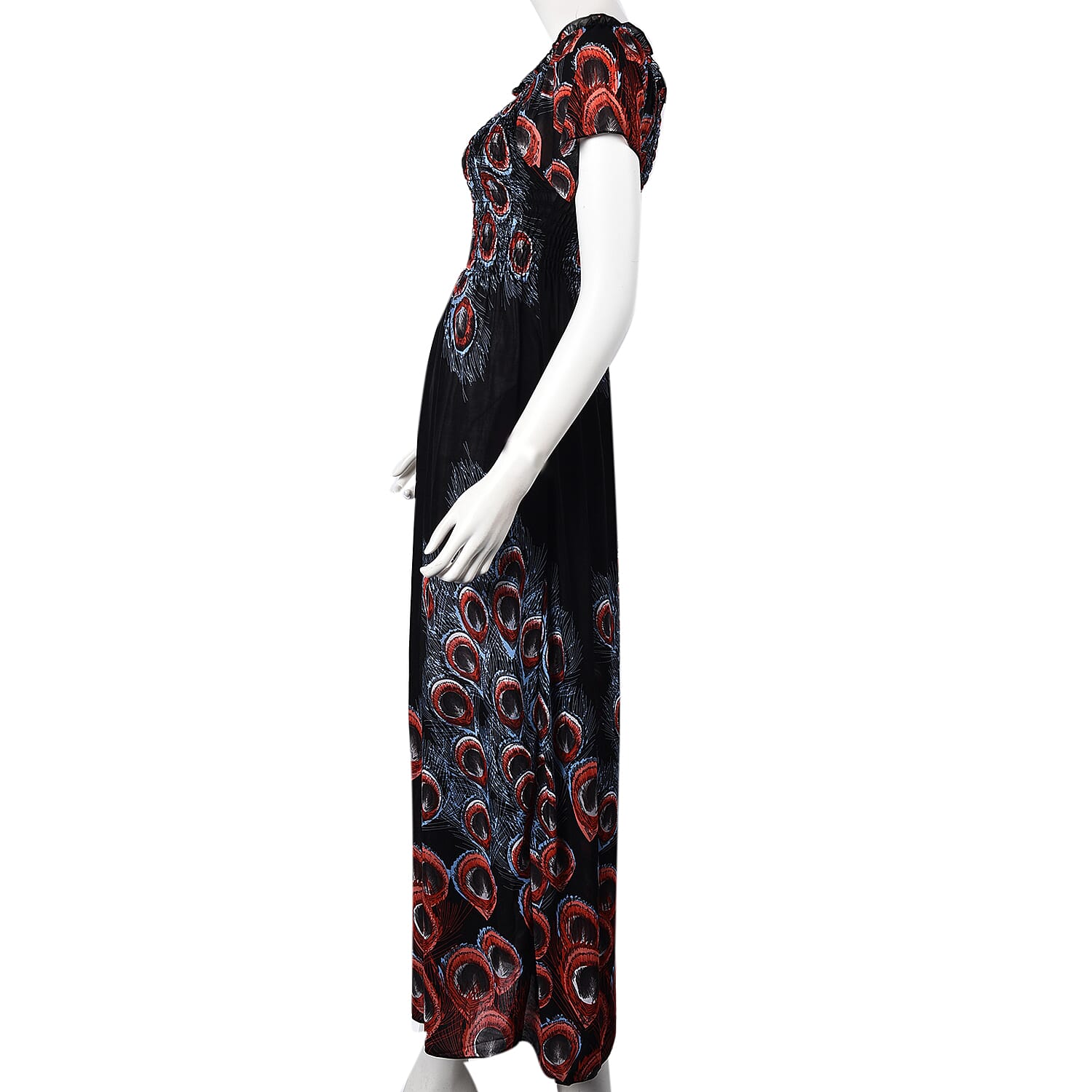 Black, Brown and Red Colour Peacock Feathers Pattern Summer Dress (Size 48x125 Cm)