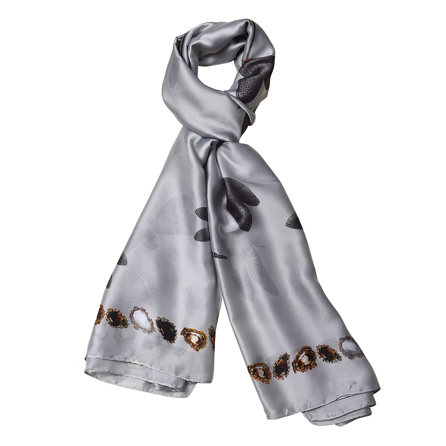 Grey Colour Gems and Dragonfly Pattern Scarf (Size 90x180 Cm)