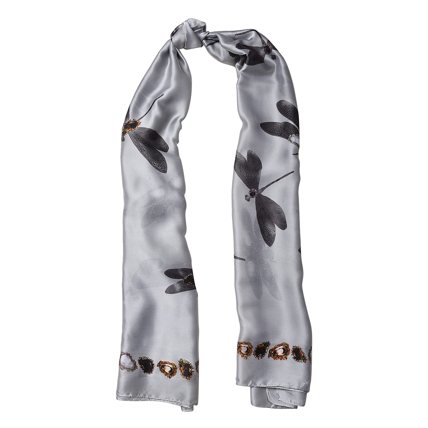 Grey Colour Gems and Dragonfly Pattern Scarf (Size 90x180 Cm)