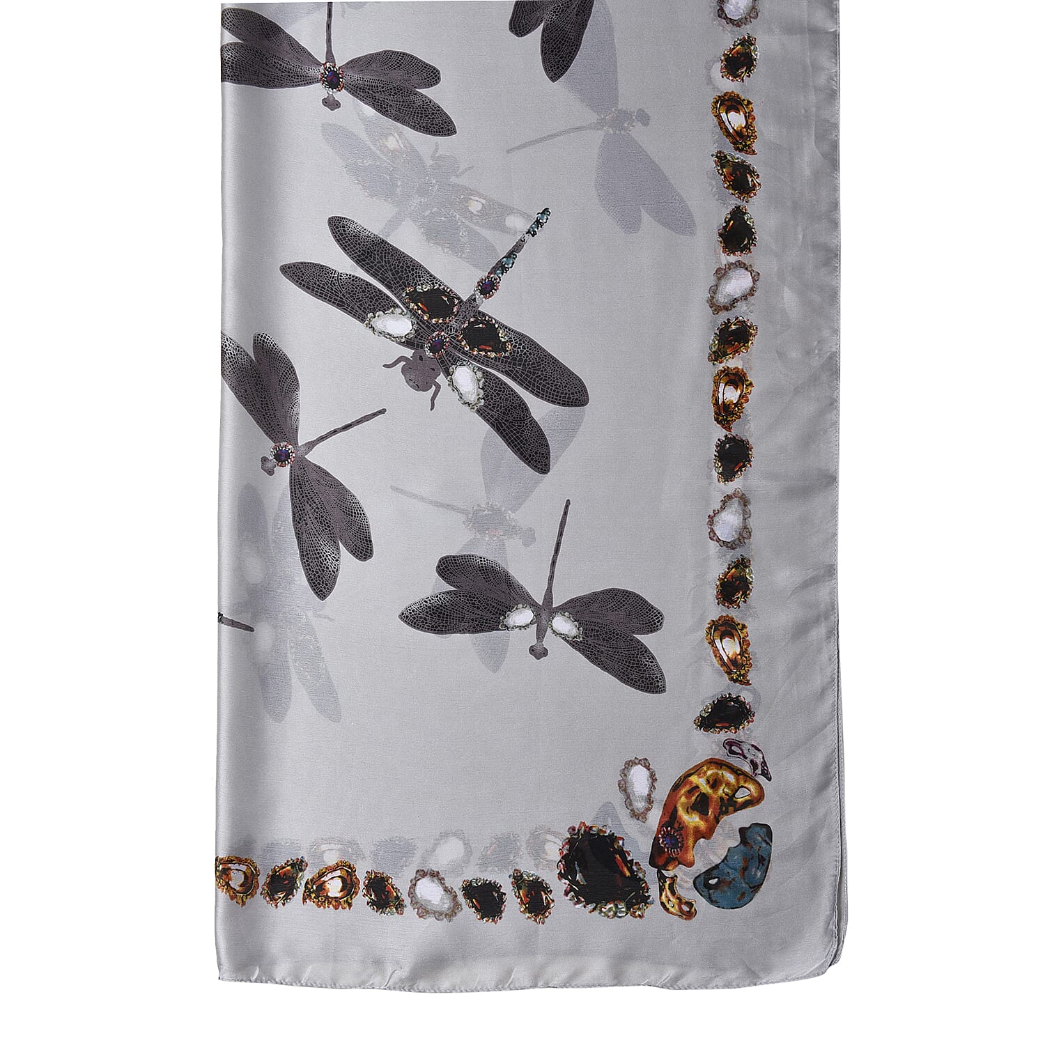Grey Colour Gems and Dragonfly Pattern Scarf (Size 90x180 Cm)