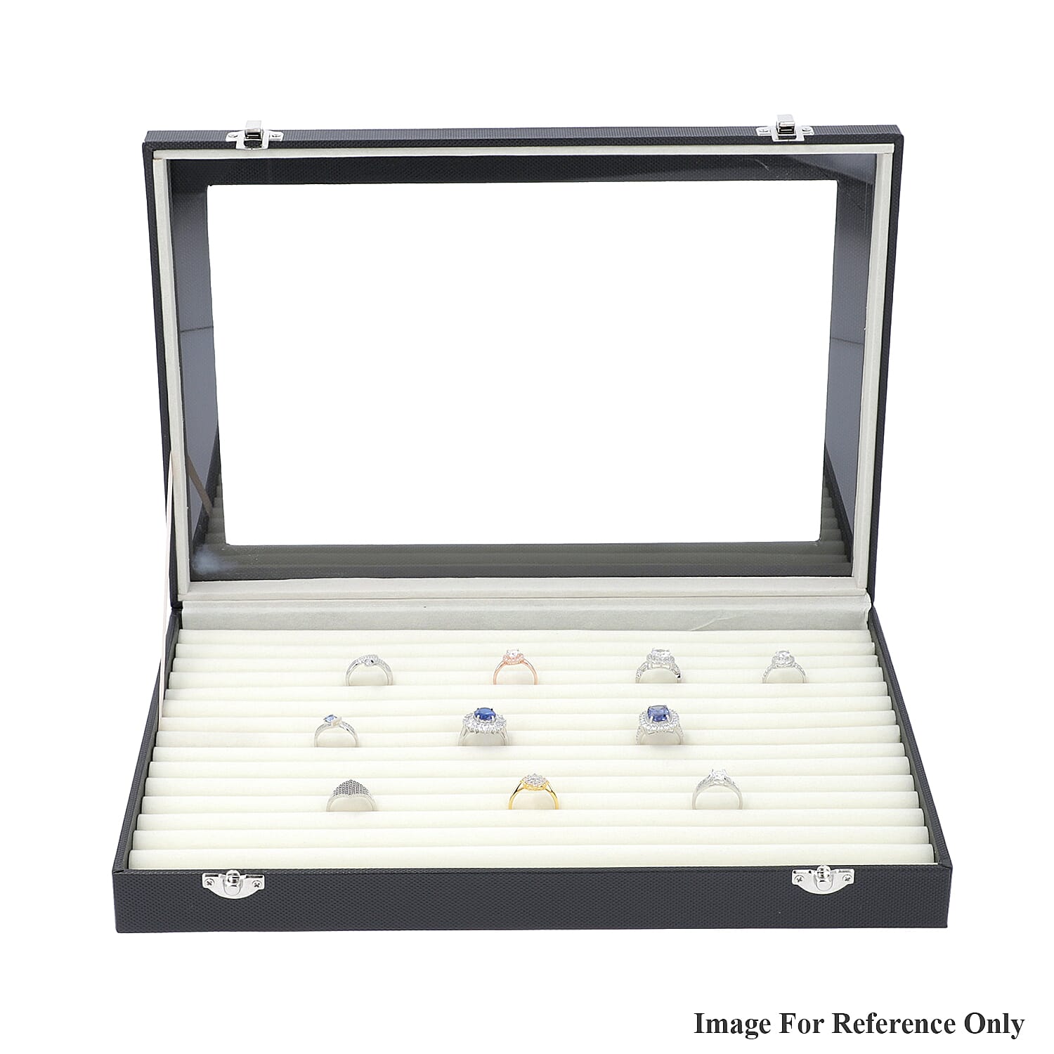 150 Slot Ring Box with Acrylic Window and Anti Tarnish Lining Trinket Jewellery Organiser (Size 35x24x5 Cm) - Black