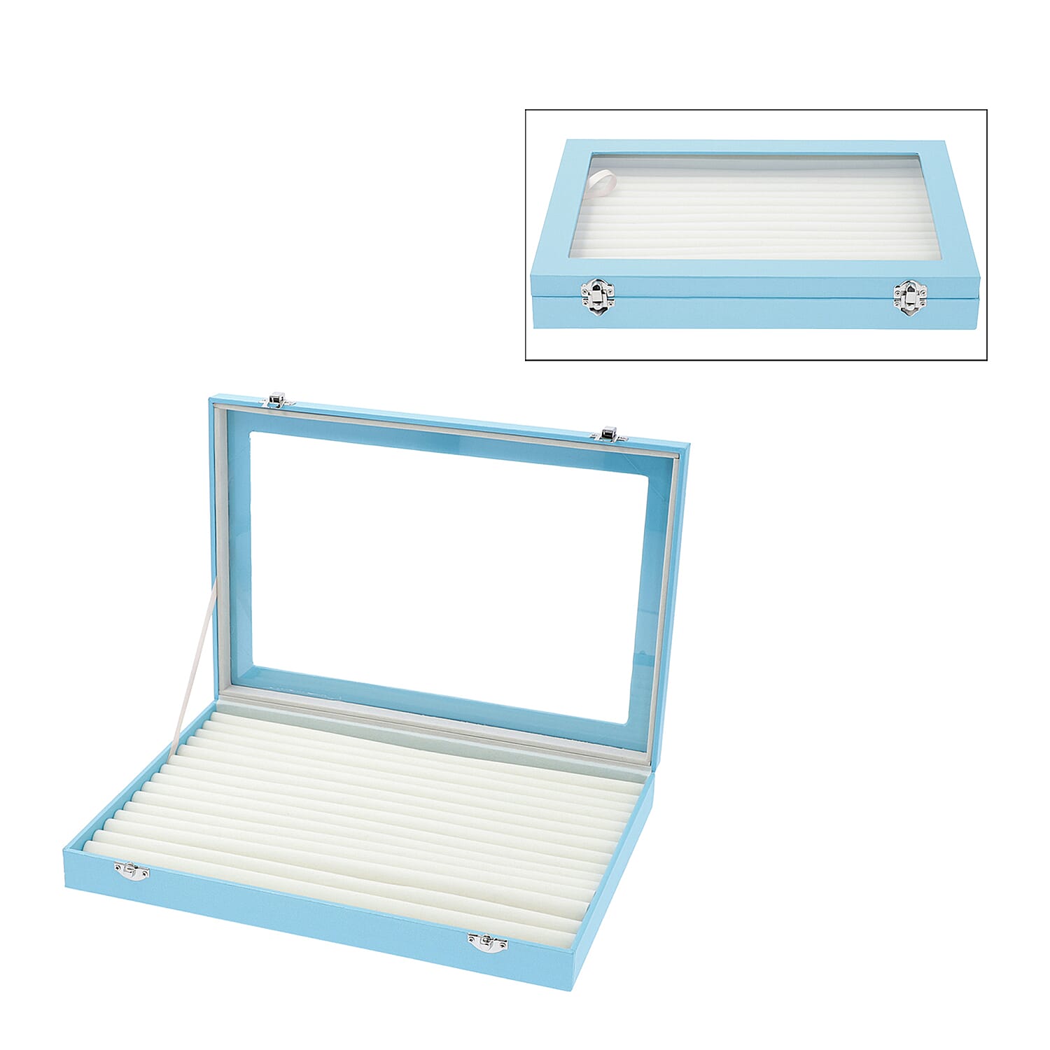 150 Slot Ring Box with Acrylic Window and Anti Tarnish Lining Trinket Jewellery Organiser (Size 35x24x5 Cm) - Sky Blue