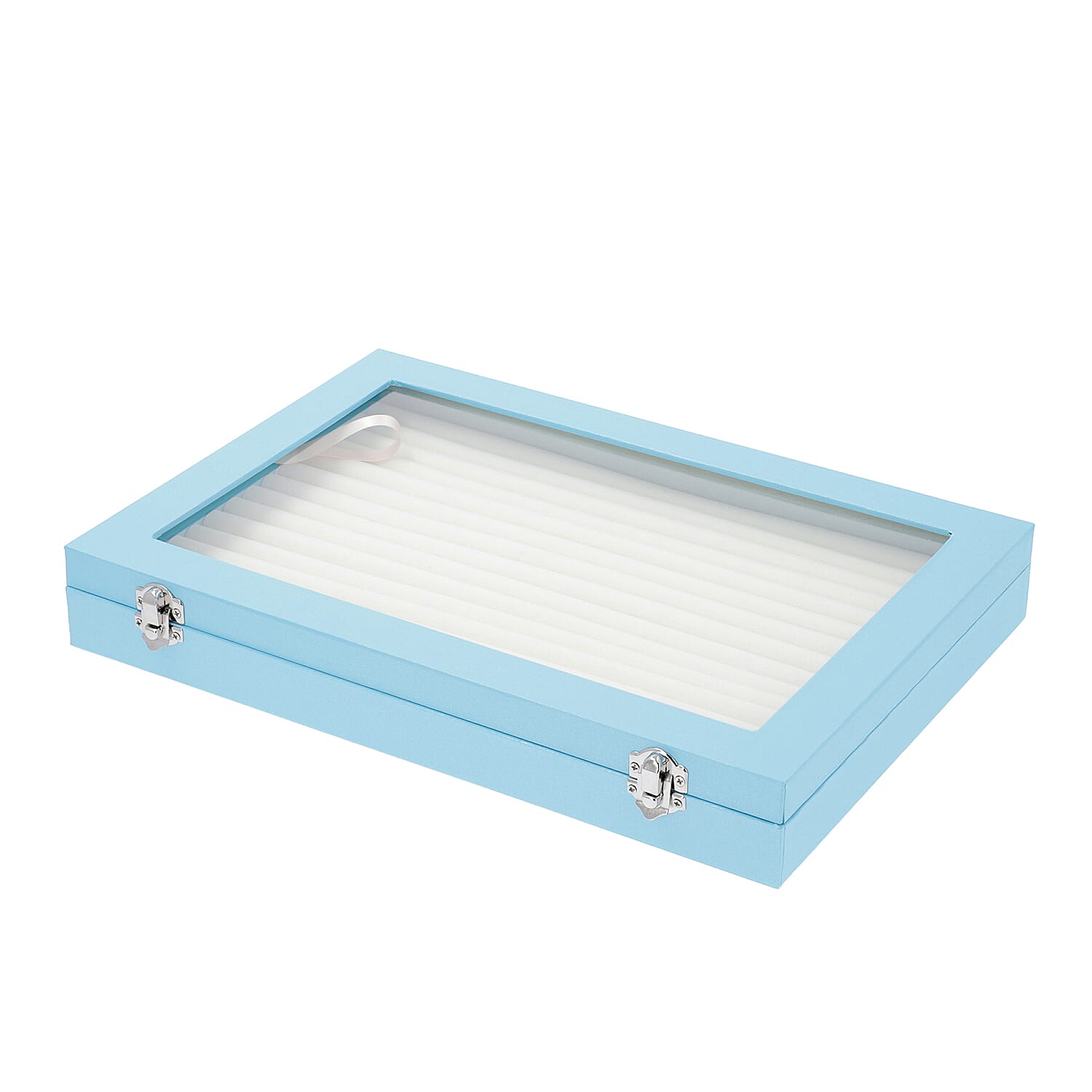 150 Slot Ring Box with Acrylic Window and Anti Tarnish Lining Trinket Jewellery Organiser (Size 35x24x5 Cm) - Sky Blue