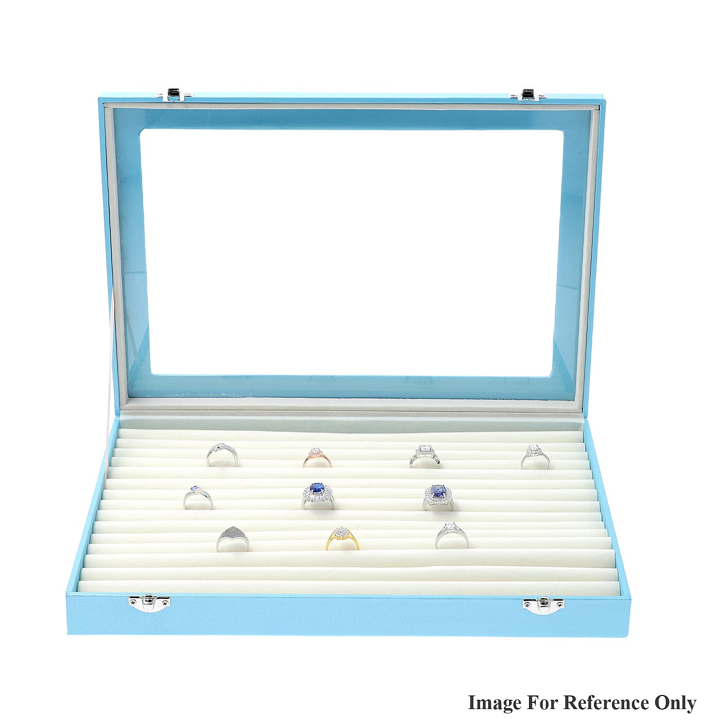 150 Slot Ring Box with Acrylic Window and Anti Tarnish Lining Trinket Jewellery Organiser (Size 35x24x5 Cm) - Sky Blue