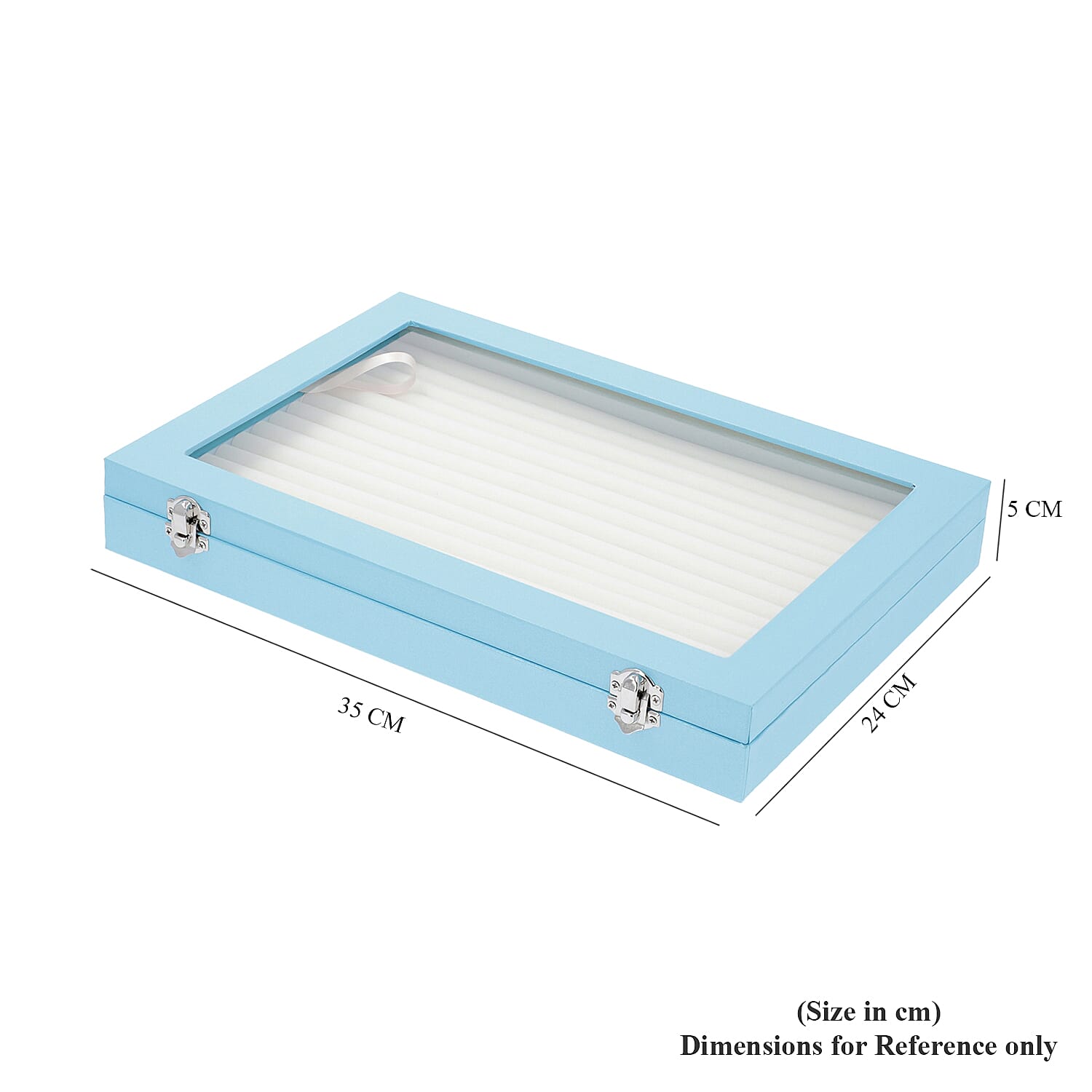 150 Slot Ring Box with Acrylic Window and Anti Tarnish Lining Trinket Jewellery Organiser (Size 35x24x5 Cm) - Sky Blue