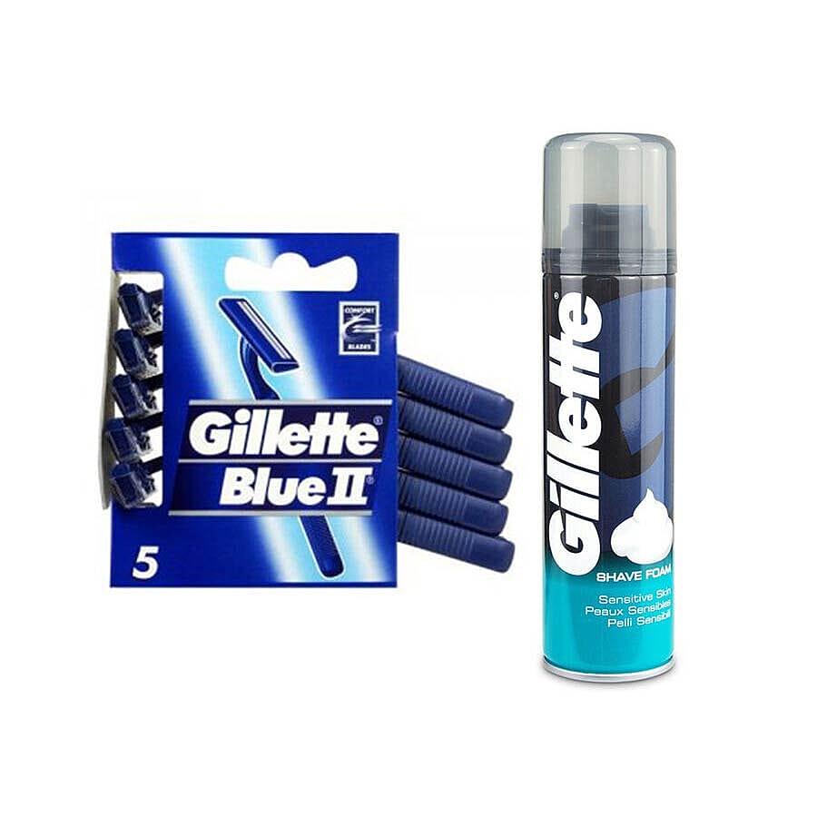 2 Piece Set - Gillette: Blue II Disposable Razors 5s & Sensitive Shaving Foam - 200ml