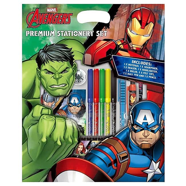 AVENGERS Premium 7 Piece Stationery Set ( Includes Pencil, Felt Tips, Pen, Pad, Sharpener, Eraser and Highlighter)