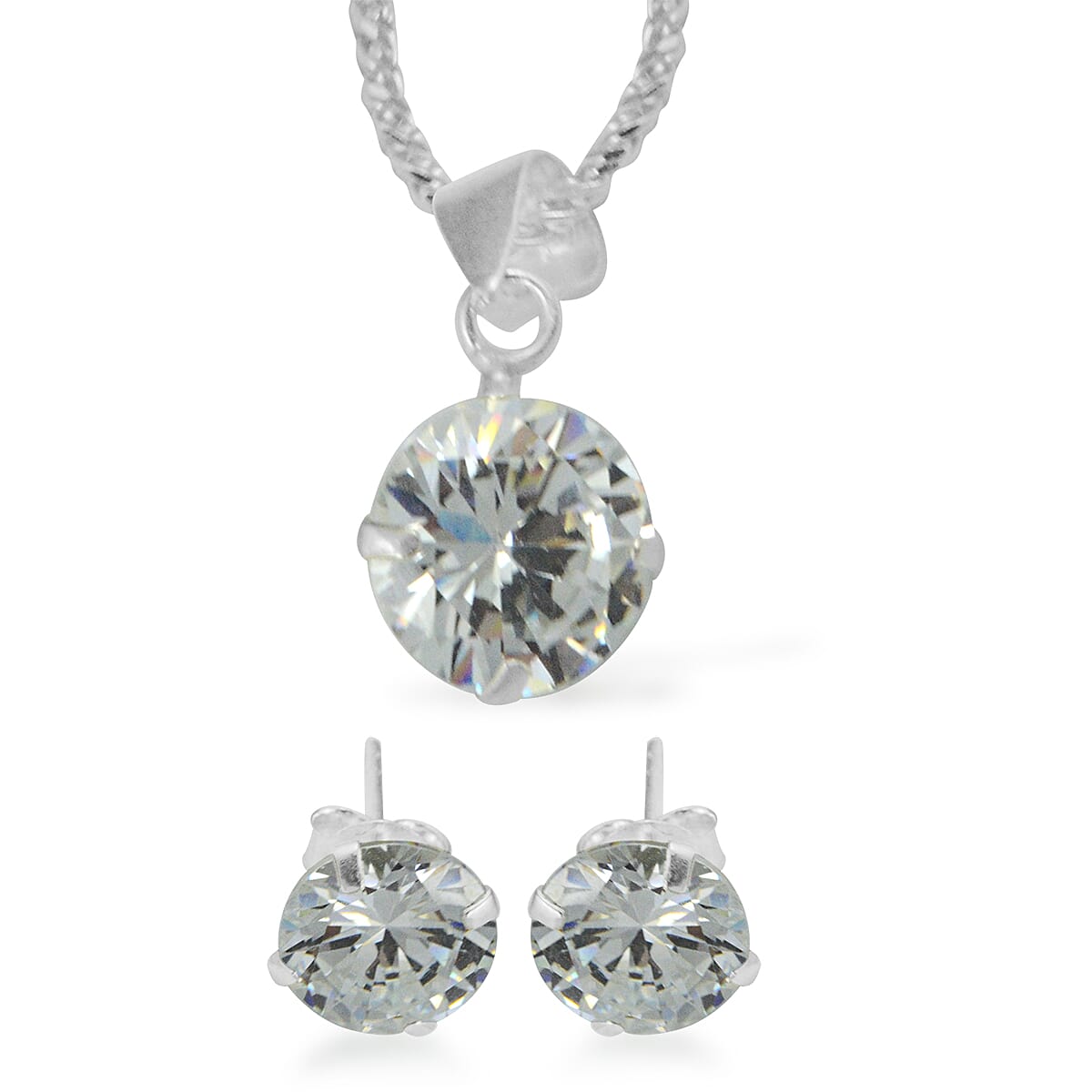 3 Piece Suite -  ELANZA Cubic Zirconia  (Rnd 8mm) Earrings and Pendant with Sterling Silver Snake Necklace