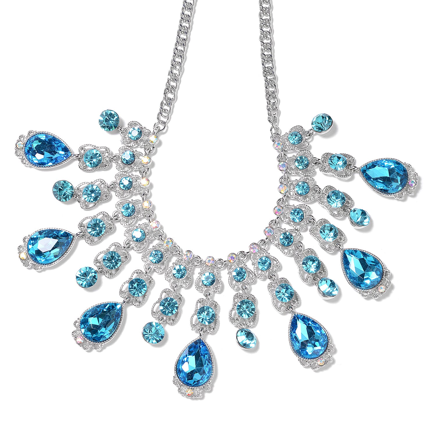 Simulated Aquamarine, Blue Austrian Crystal and Simulated Mystic White Crystal Necklace (Size 23 with Extender) in Silver Tone