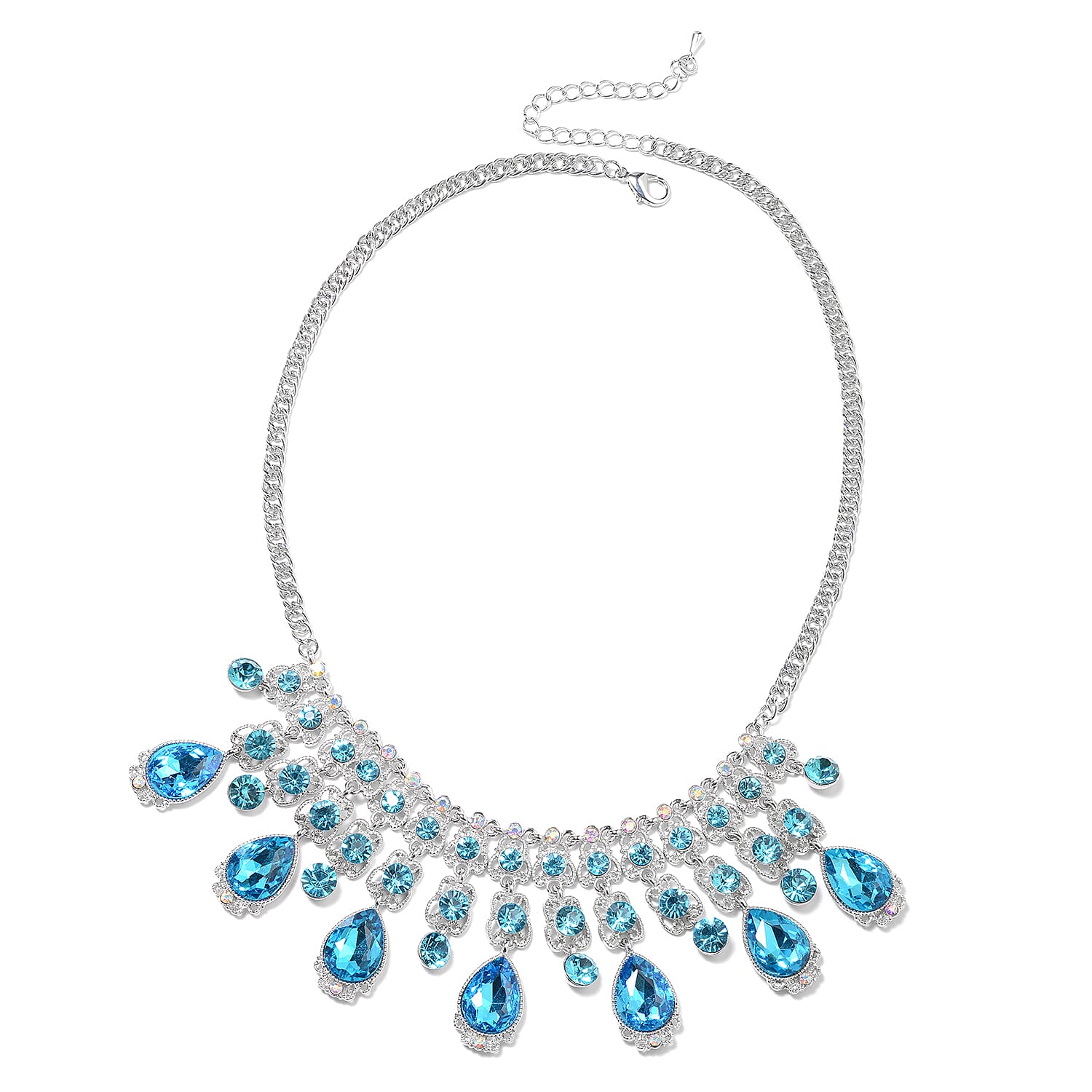Simulated Aquamarine, Blue Austrian Crystal and Simulated Mystic White Crystal Necklace (Size 23 with Extender) in Silver Tone