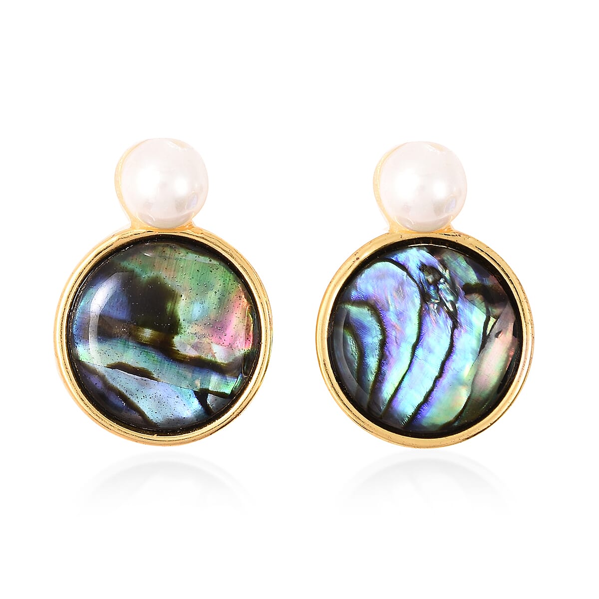 Abalone Shell and Simulated Pearl Earrings in Yellow Gold Tone