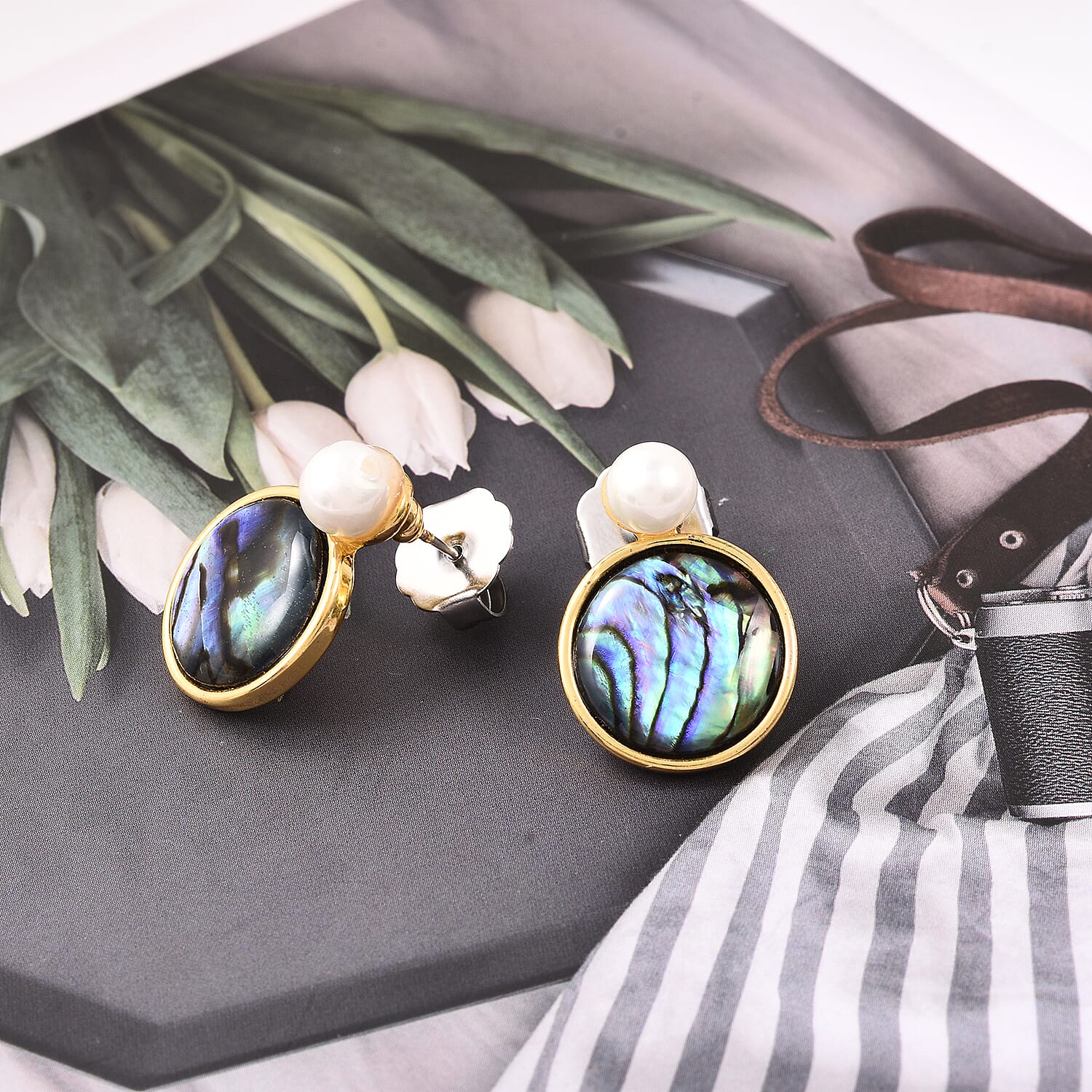 Abalone Shell and Simulated Pearl Earrings in Yellow Gold Tone