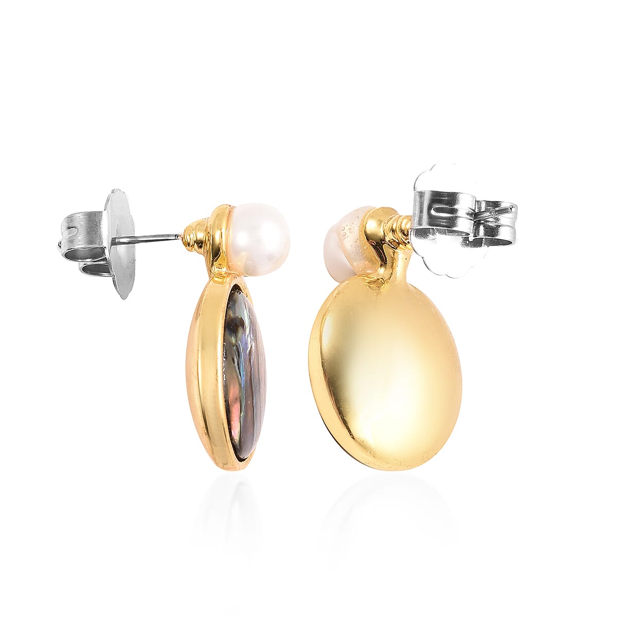 Abalone Shell and Simulated Pearl Earrings in Yellow Gold Tone