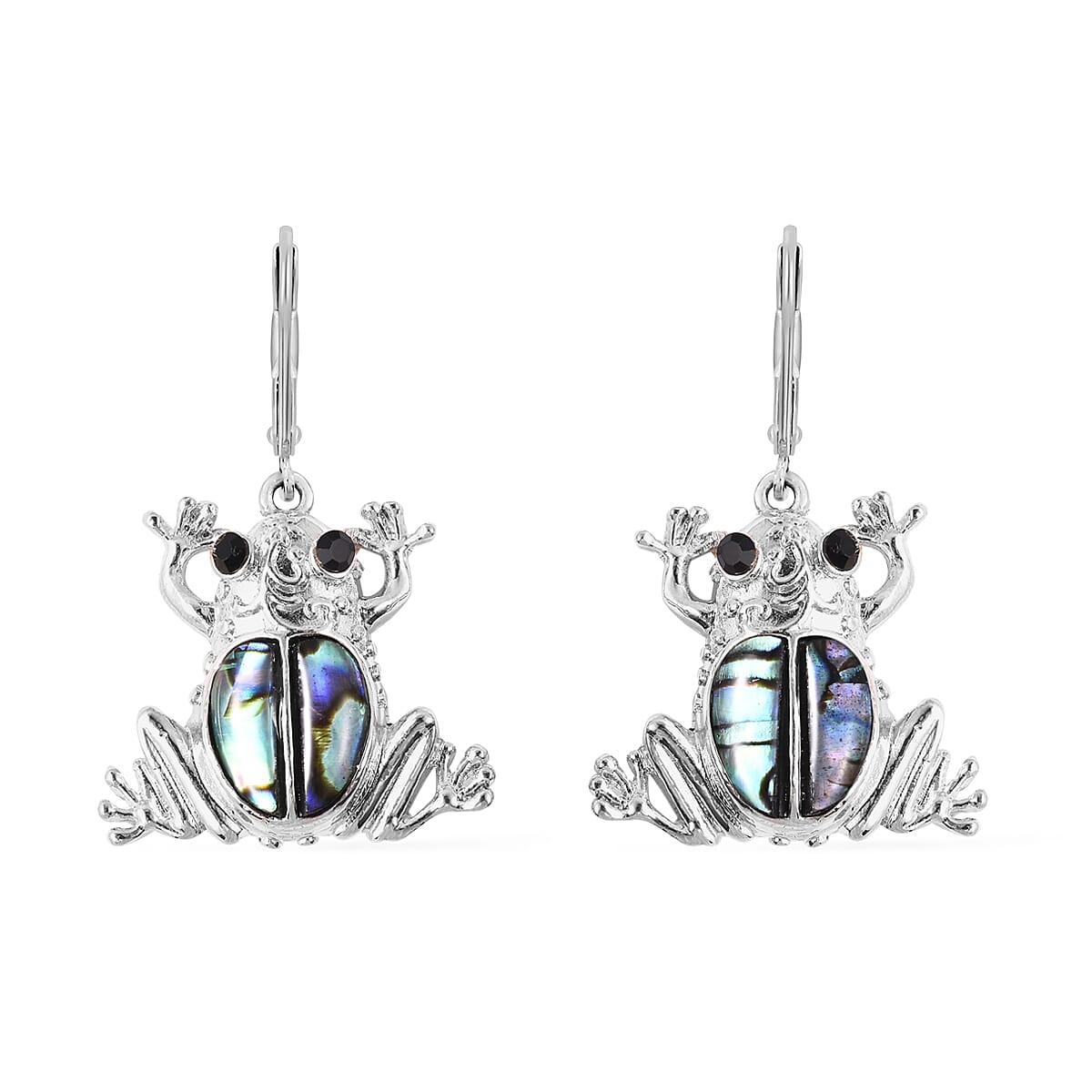 Abalone Shell and Black Austrian Crystal Frog Earrings in Stainless Steel