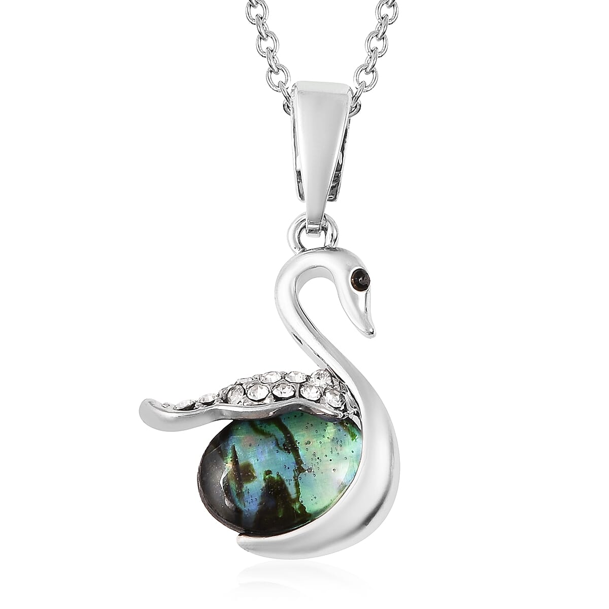 Abalone Shell, Black and White Austrian Crystal Swan Pendant with Chain in Stainless Steel