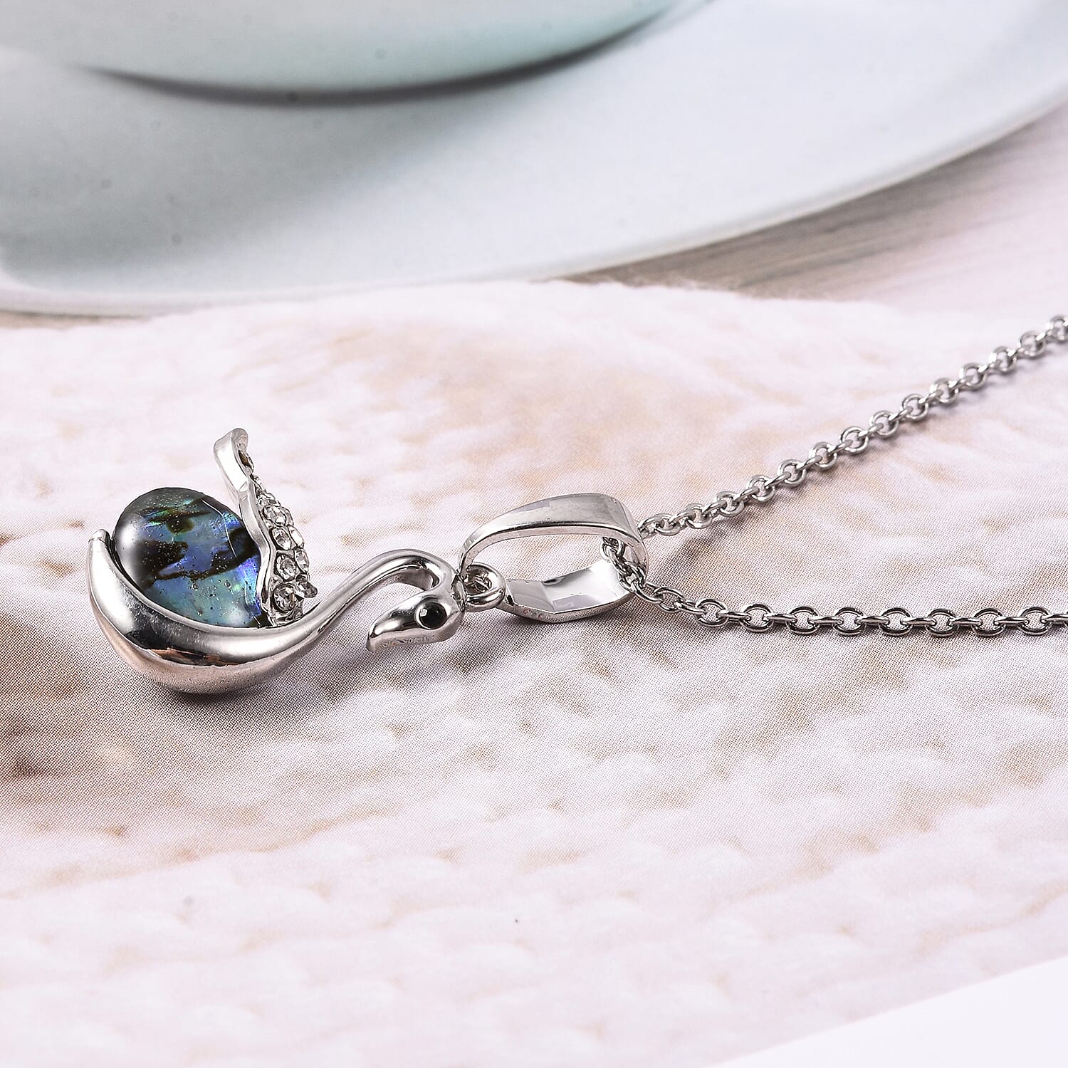 Abalone Shell, Black and White Austrian Crystal Swan Pendant with Chain in Stainless Steel