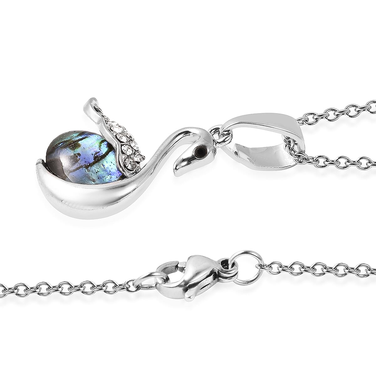Abalone Shell, Black and White Austrian Crystal Swan Pendant with Chain in Stainless Steel
