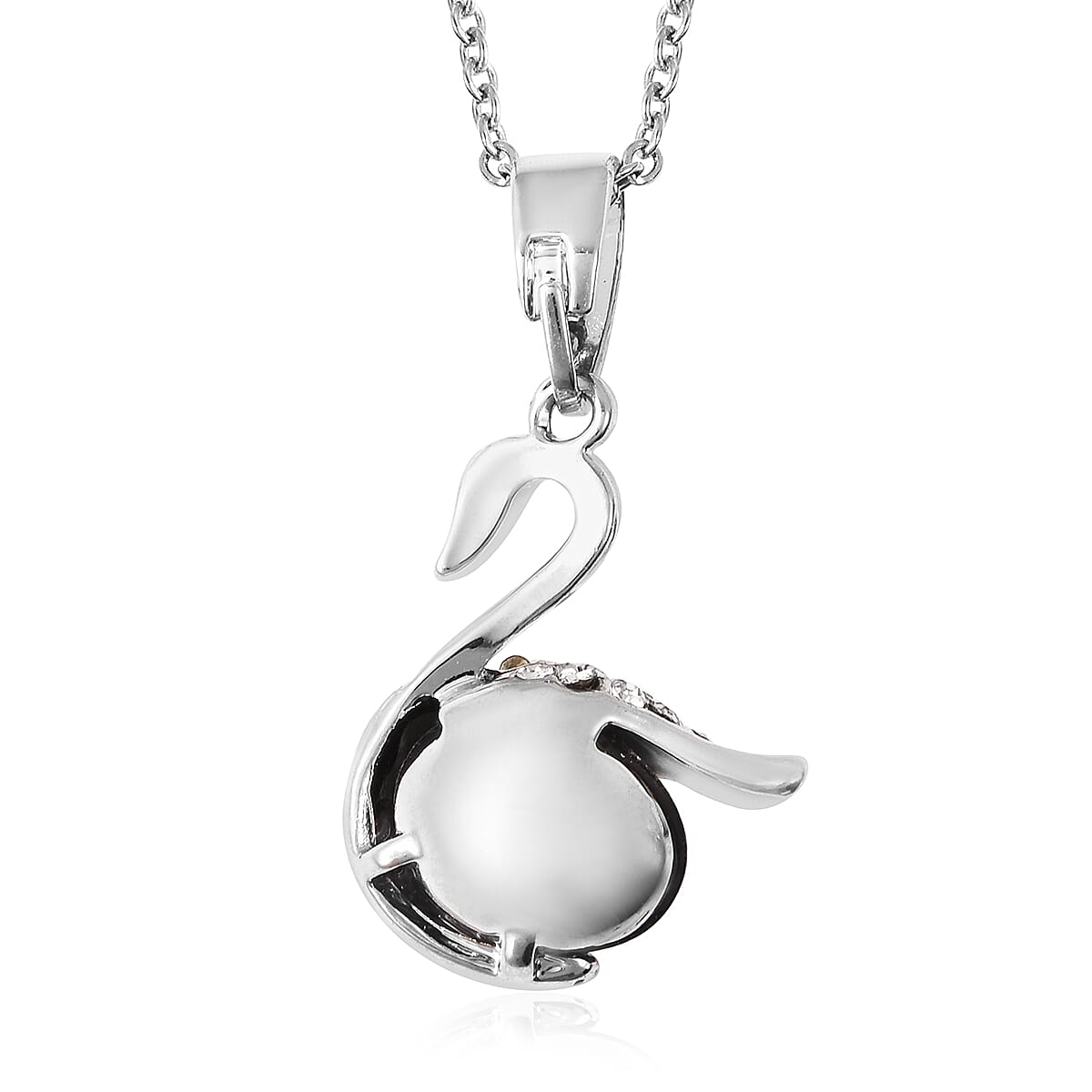 Abalone Shell, Black and White Austrian Crystal Swan Pendant with Chain in Stainless Steel