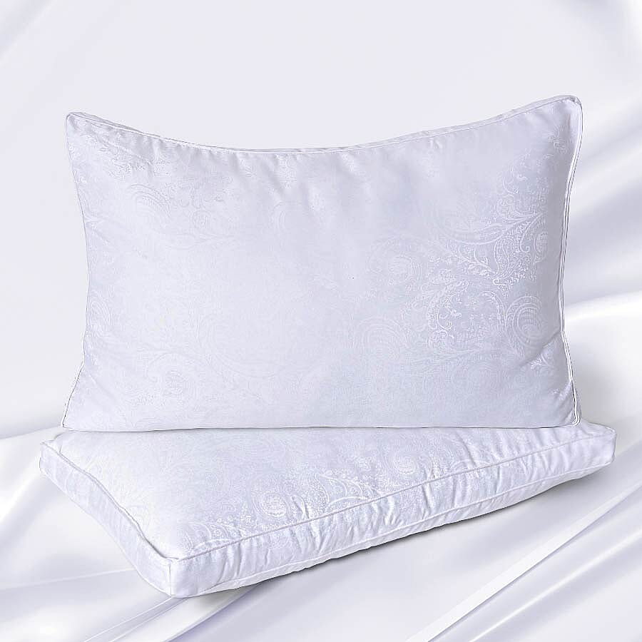 Set of 2 - Mulberry Silk and Faux Down Pillows with 5 cm Gusset and Jacquard Cover (Size 48x74 Cm) - White