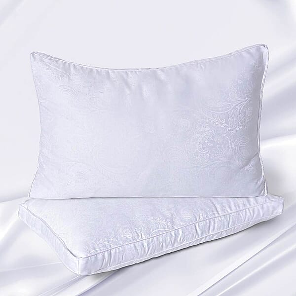 Set of 2 Mulberry Silk and Faux Down Pillows and White Jacquard Cover