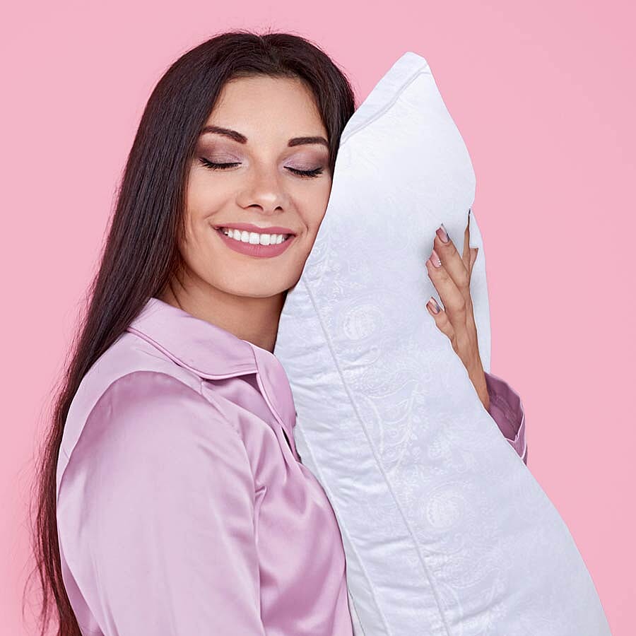 Set of 2 - Mulberry Silk and Faux Down Pillows with 5 cm Gusset and Jacquard Cover (Size 48x74 Cm) - White