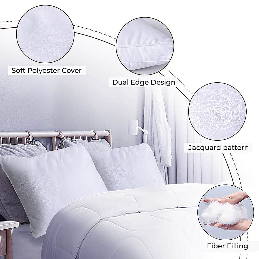 Set of 2 - Mulberry Silk and Faux Down Pillows with 5 cm Gusset and Jacquard Cover (Size 48x74 Cm) - White