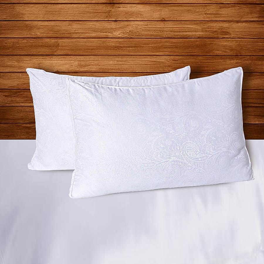Set of 2 - Mulberry Silk and Faux Down Pillows with 5 cm Gusset and Jacquard Cover (Size 48x74 Cm) - White