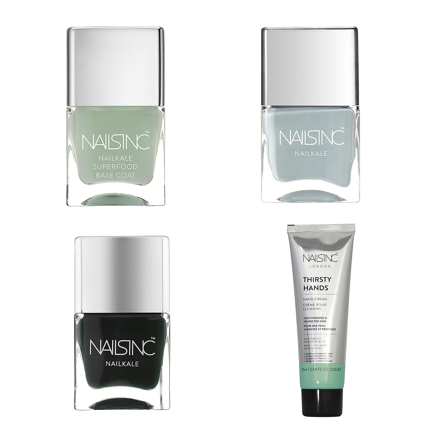 Nails Inc: Green Fingers Set (Incl. Thirsty Hands Hand Cream - 75ml, Superfood Base Coat - 14ml, Bruton Mews Kale - 14ml, & Palace Gardens Kale - 14ml)