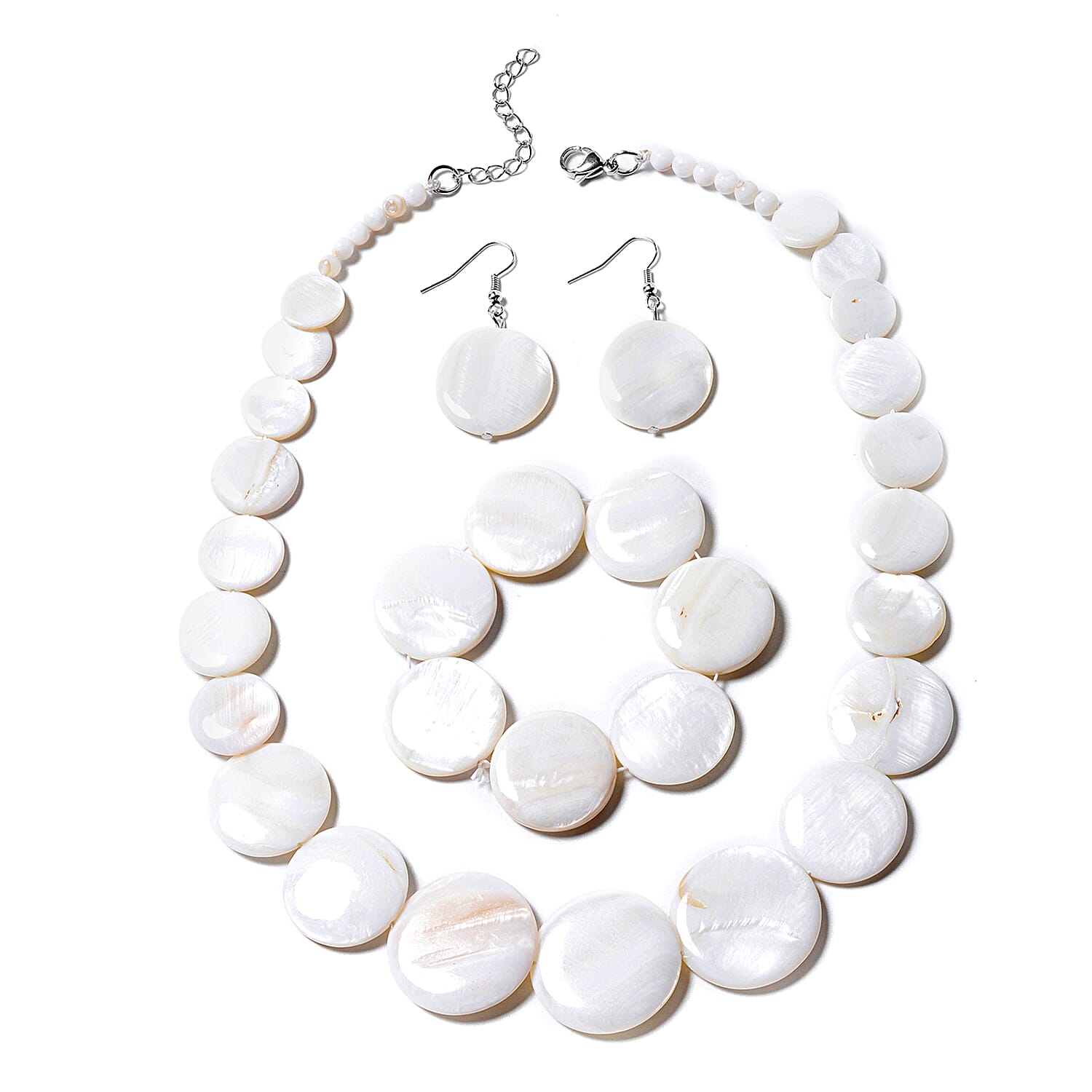 3 Piece Set - White Shell Necklace (Size 18 with 2 inch Extender), Stretchable Bracelet (Size 7) and Hook Earrings in Stainless Steel