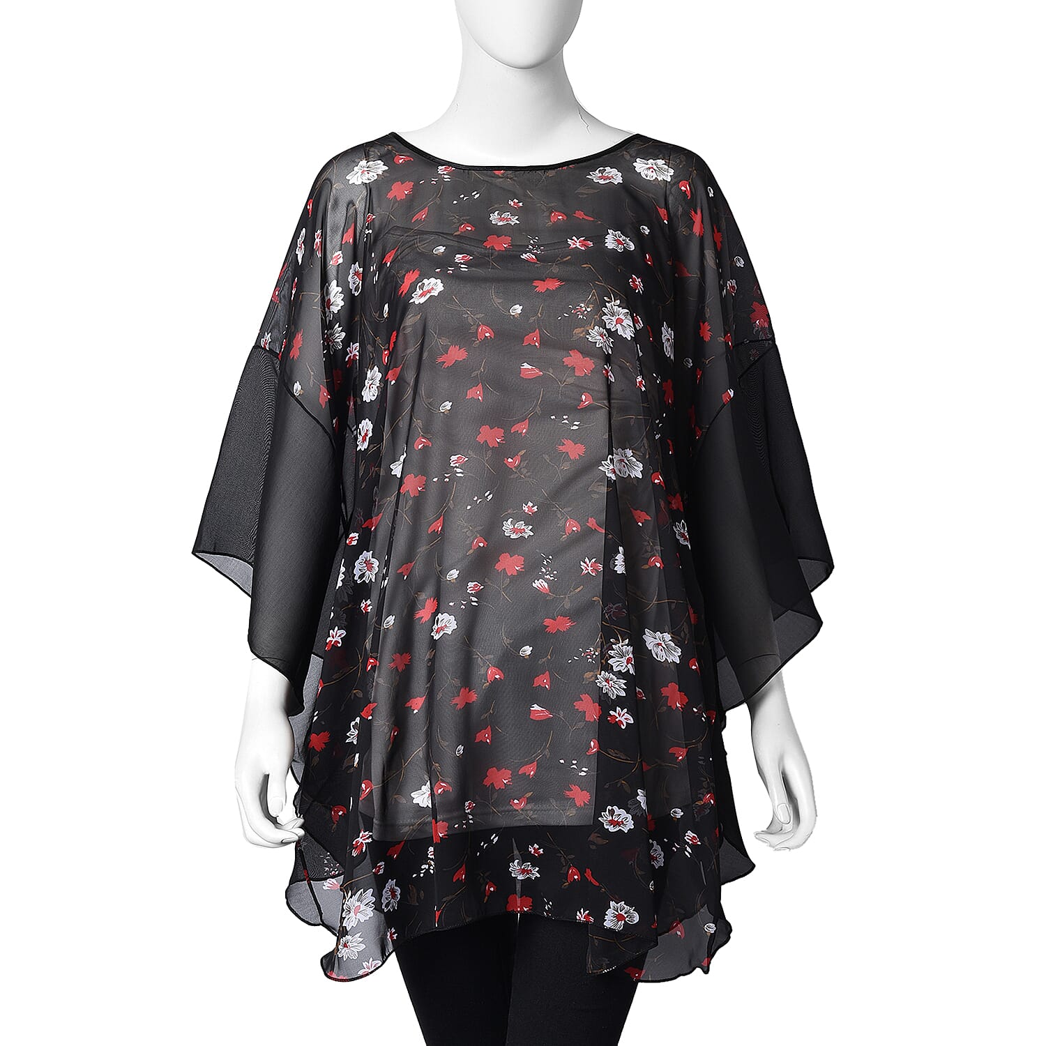 Flower Pattern Poncho (One Size Fits All; 70x80 Cm) - Black, Red and White