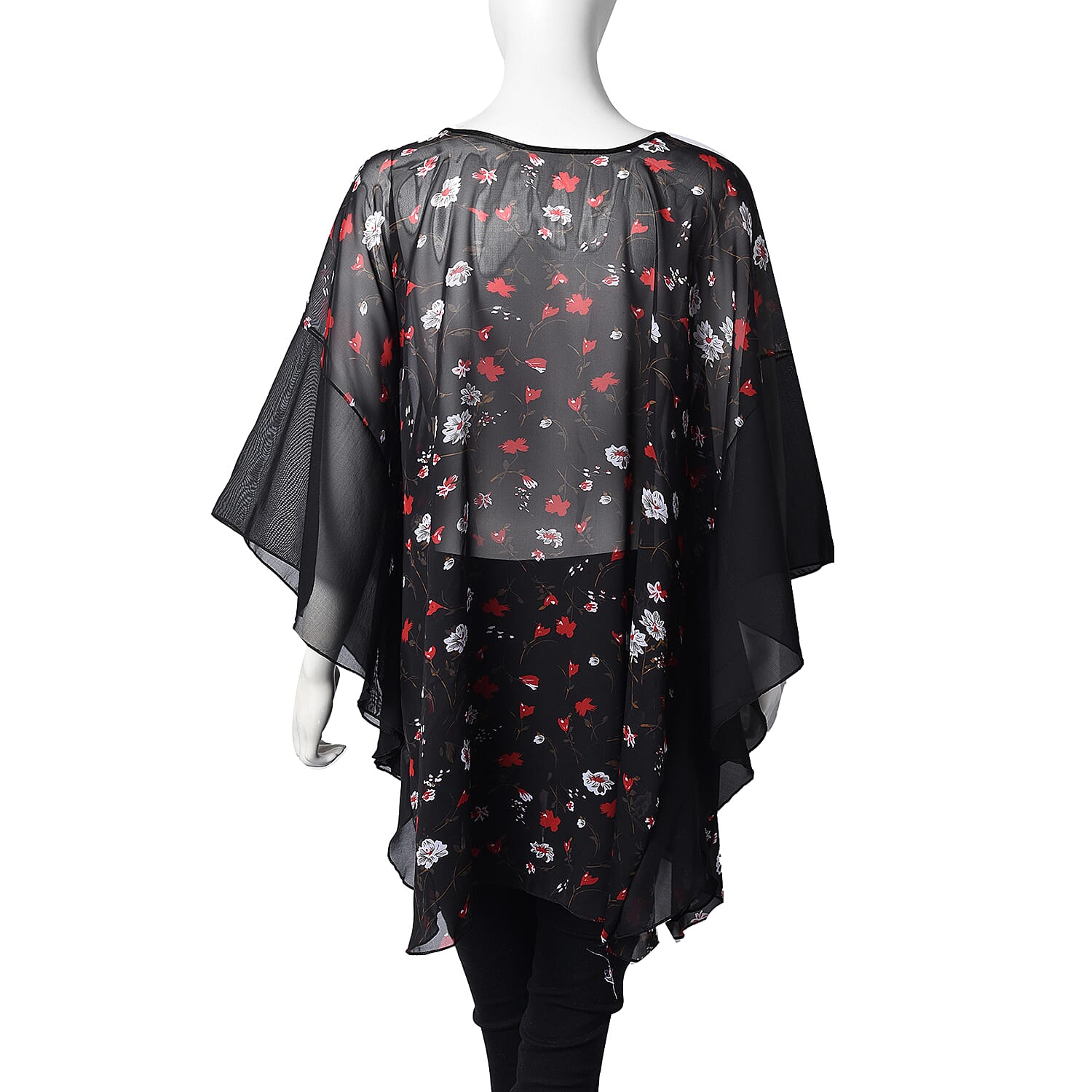 Flower Pattern Poncho (One Size Fits All; 70x80 Cm) - Black, Red and White