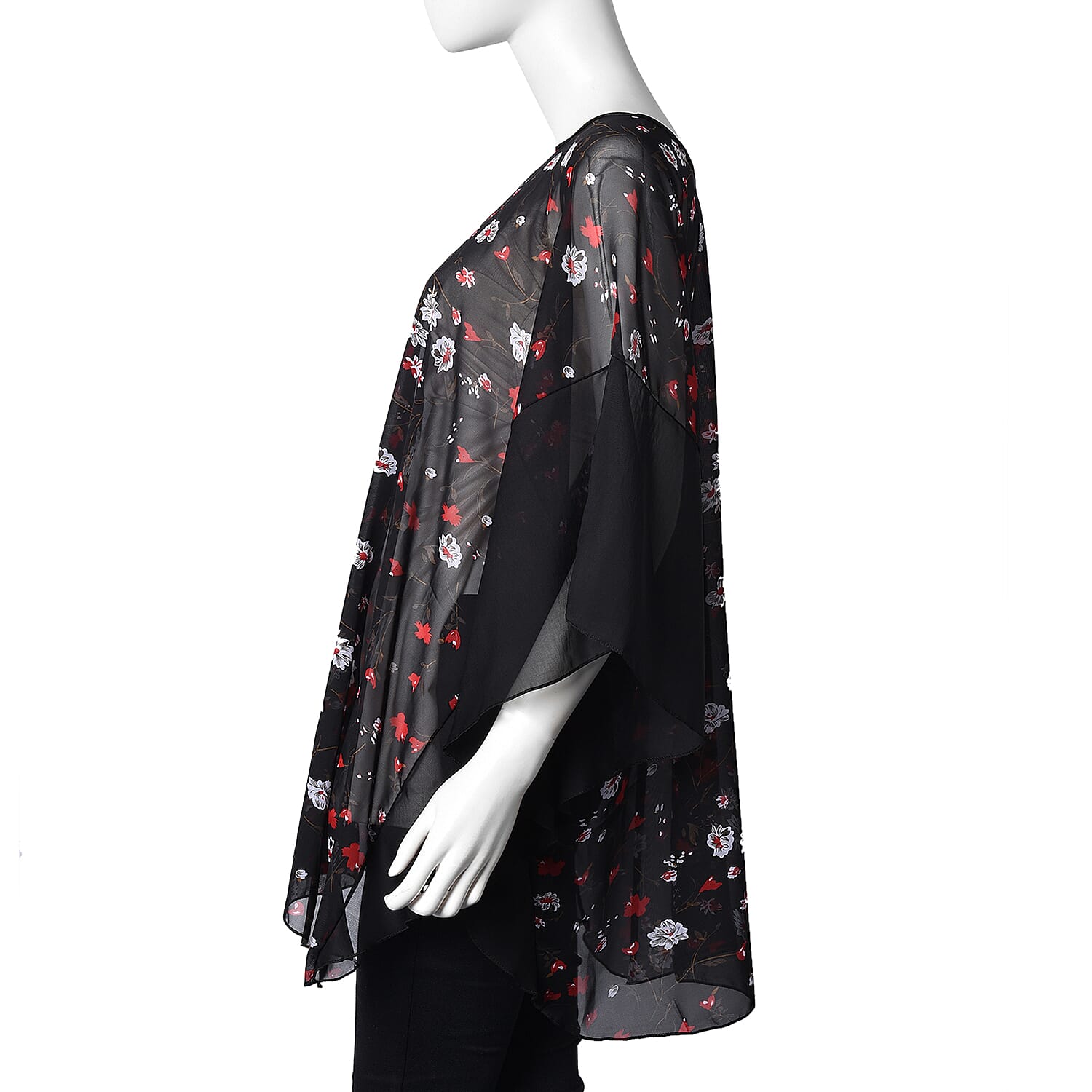 Flower Pattern Poncho (One Size Fits All; 70x80 Cm) - Black, Red and White