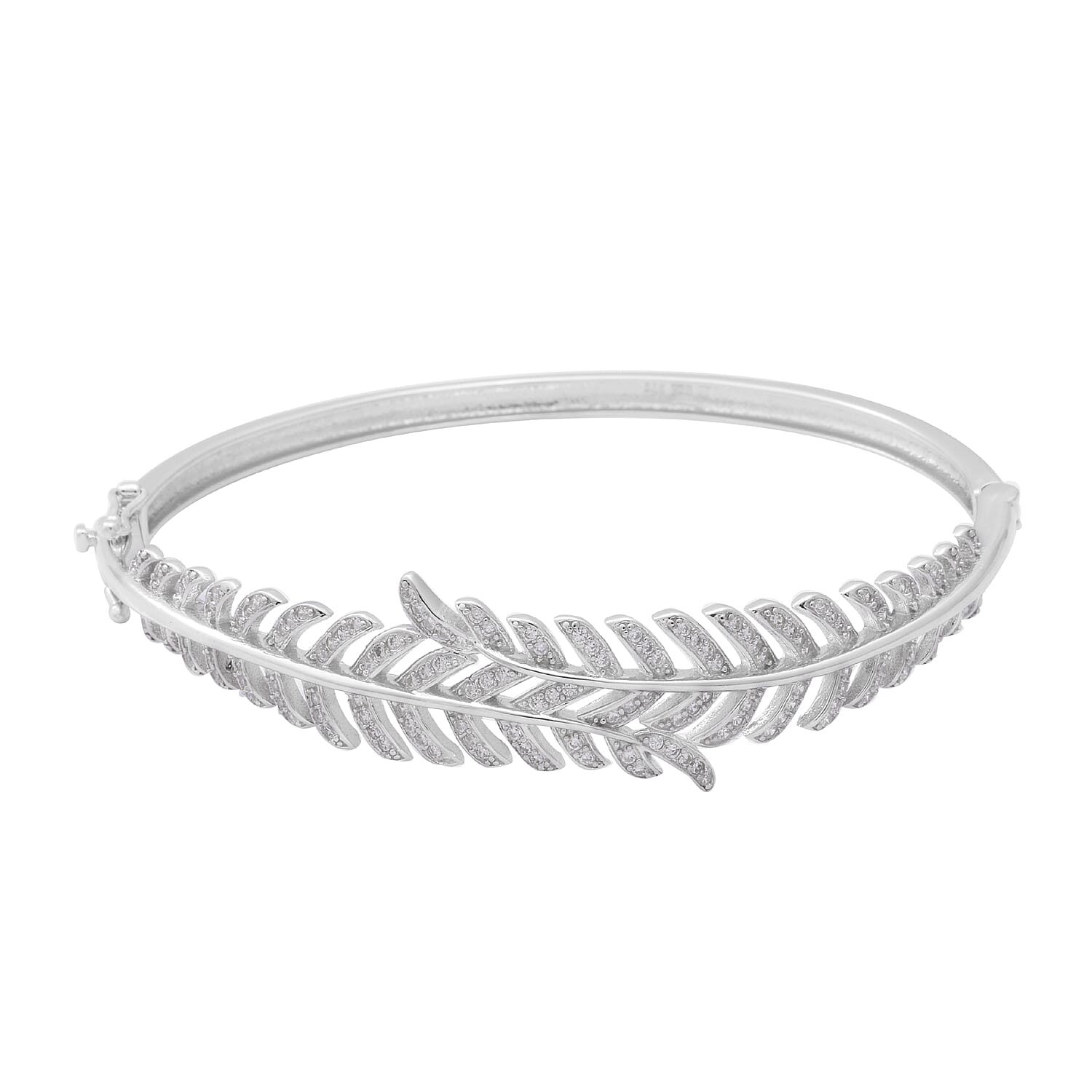 ELANZA Simulated Diamond (Rnd) Leaf Bypass Bangle (Size 7.5) in Rhodium Overlay Sterling Silver, Silver wt 20.40 Gms