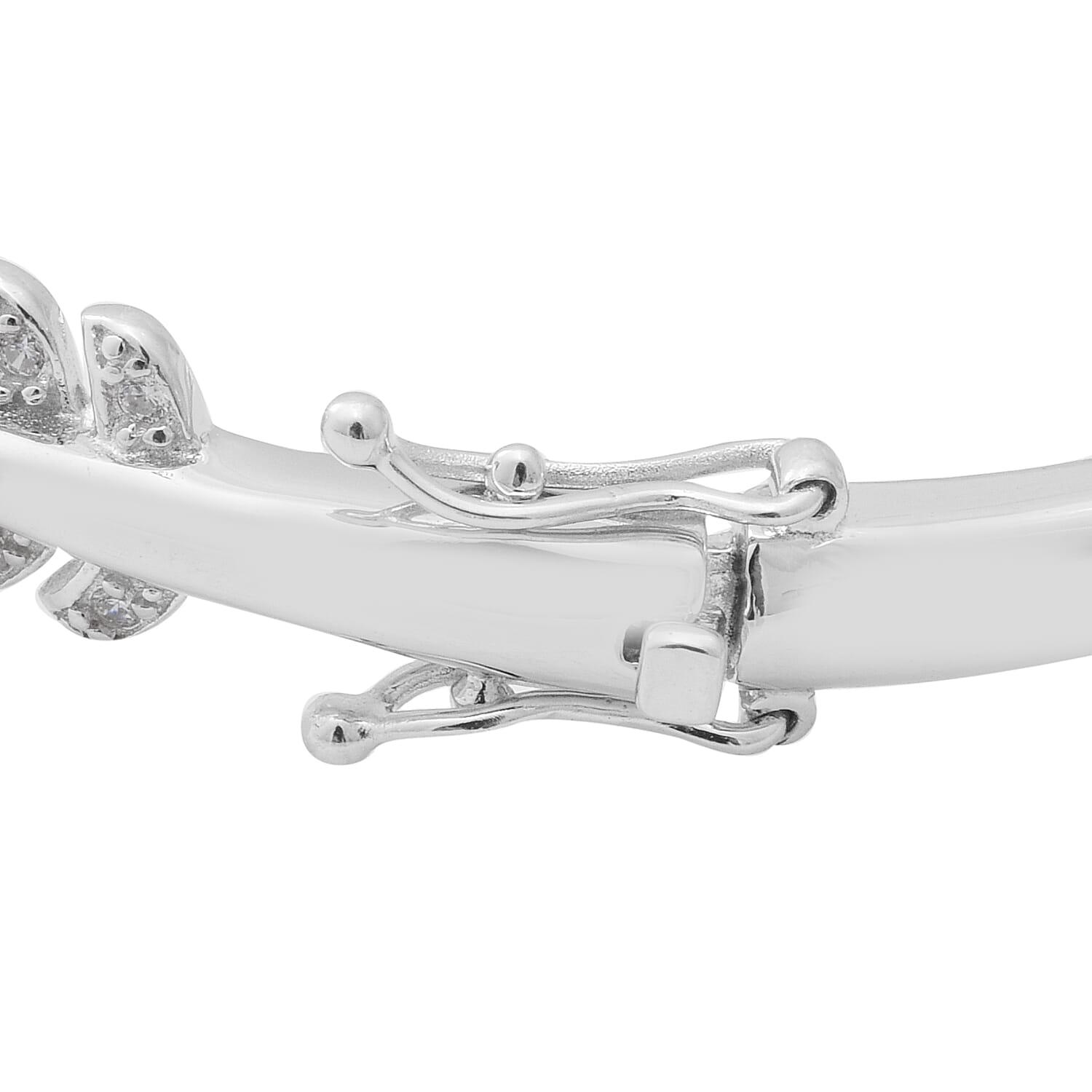 ELANZA Simulated Diamond (Rnd) Leaf Bypass Bangle (Size 7.5) in Rhodium Overlay Sterling Silver, Silver wt 20.40 Gms
