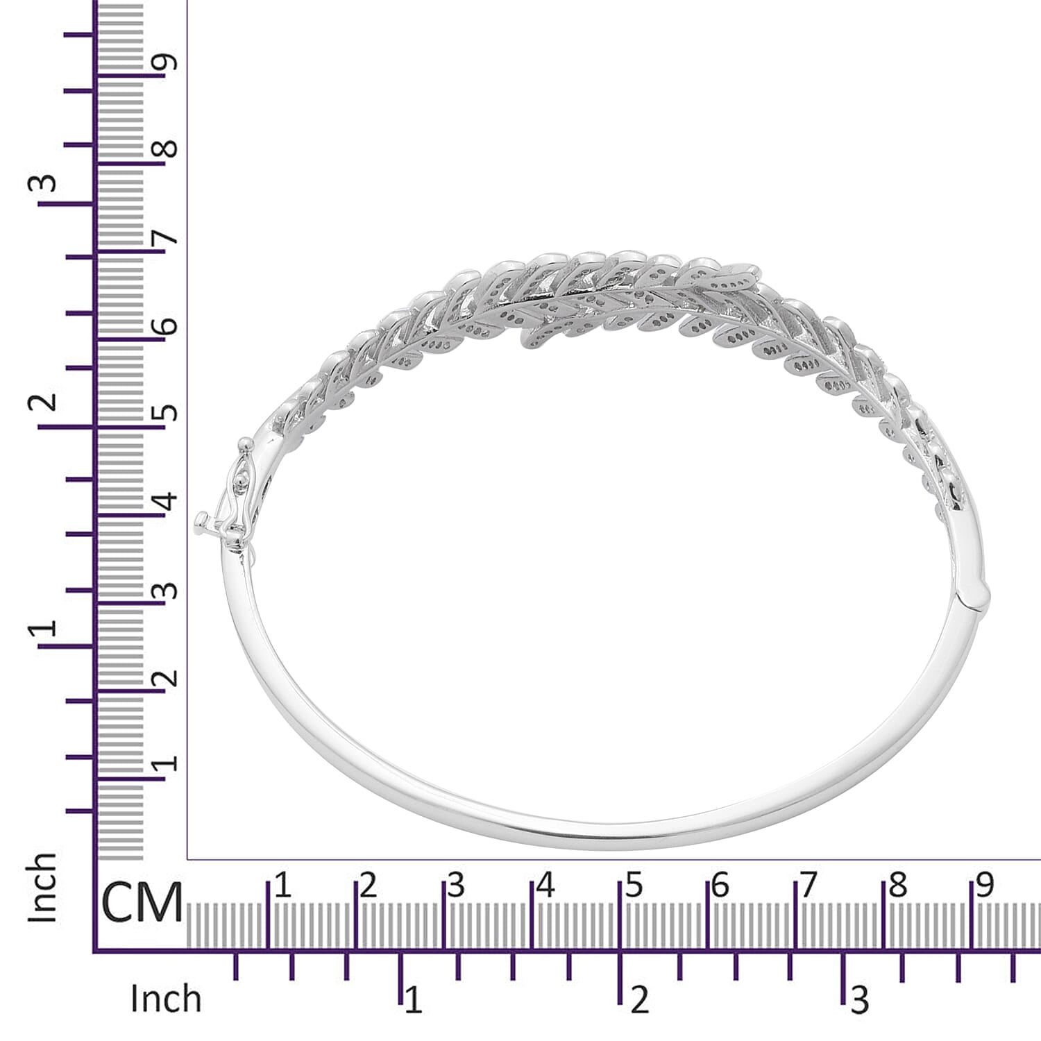 ELANZA Simulated Diamond (Rnd) Leaf Bypass Bangle (Size 7.5) in Rhodium Overlay Sterling Silver, Silver wt 20.40 Gms