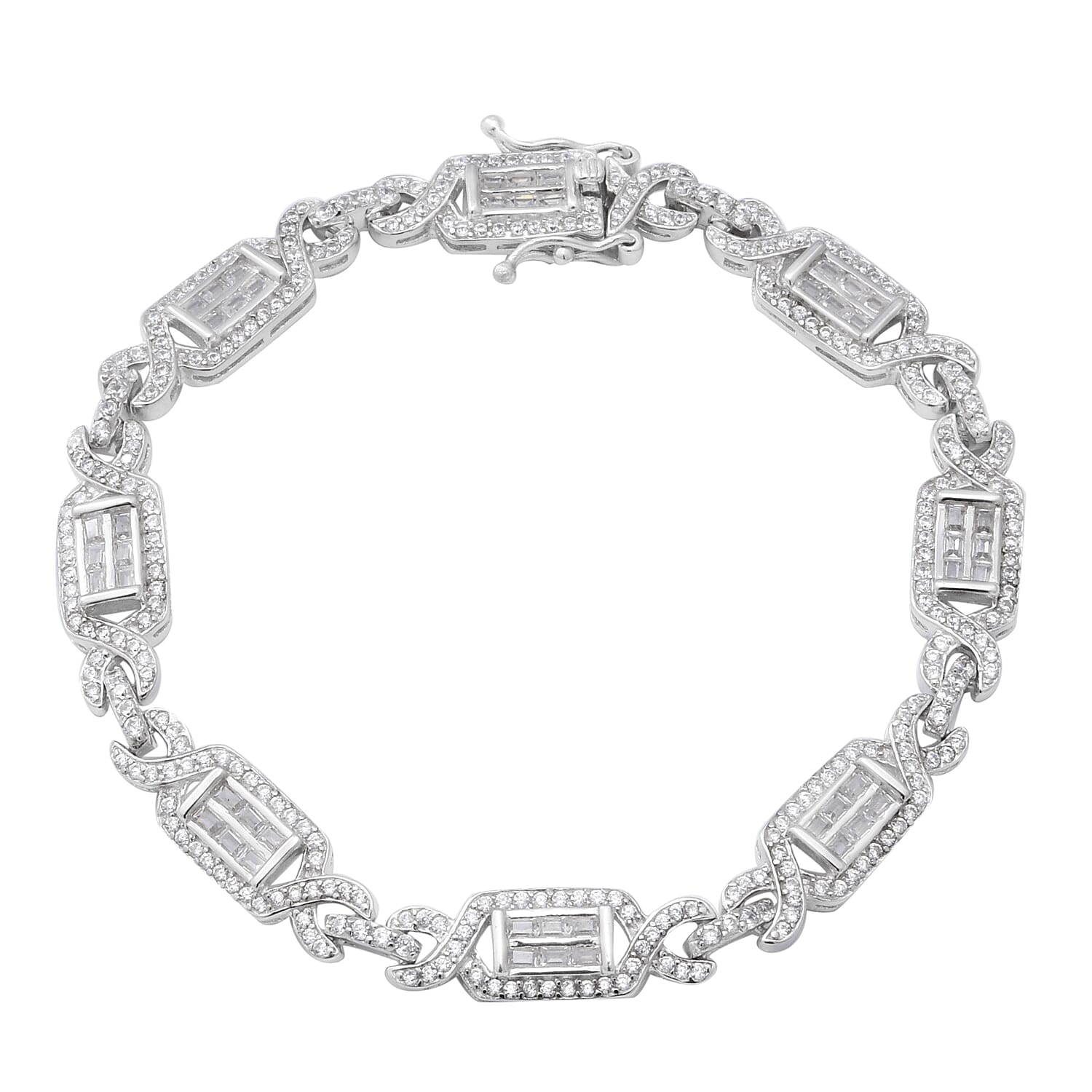 ELANZA Simulated Diamond (Rnd and Bgt) Bracelet (Size 6.75) in Rhodium Overlay Sterling Silver, Silver wt 13.17 Gms